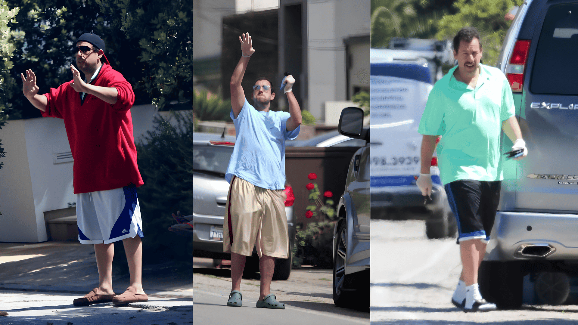 Three casual outfits with oversized tees, baggy shorts, and sandals or slides