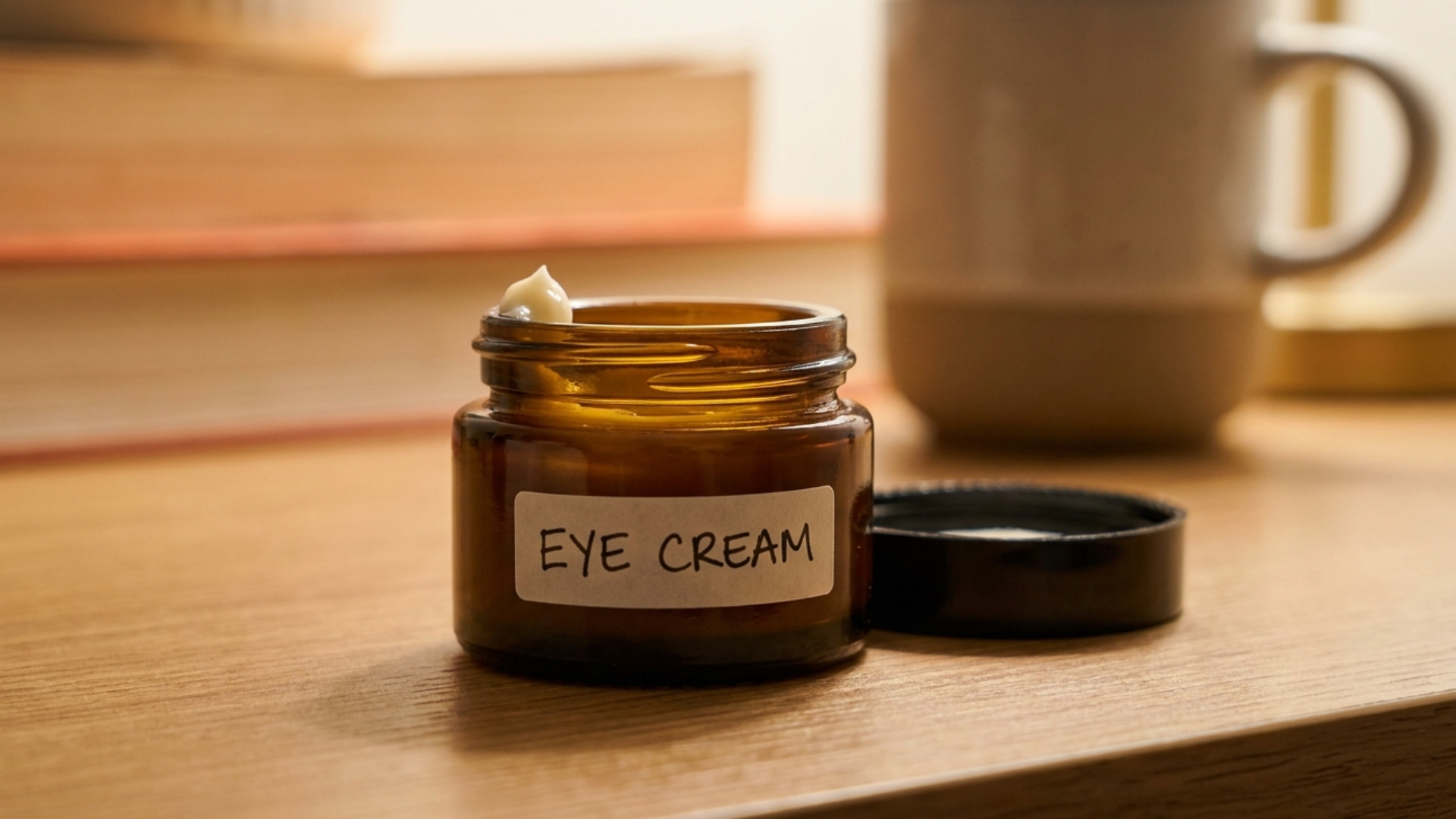 small open eye cream jar with a rice-sized dab of cream on the rim on a vanity
