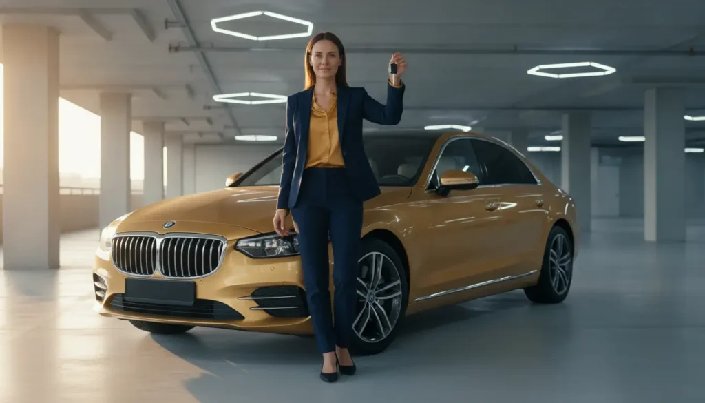 Woman in navy suit holding car keys beside gold sedan in parking garage