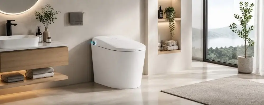 Modern bathroom with smart toilet, floating vanity, and large window overlooking lake scenery