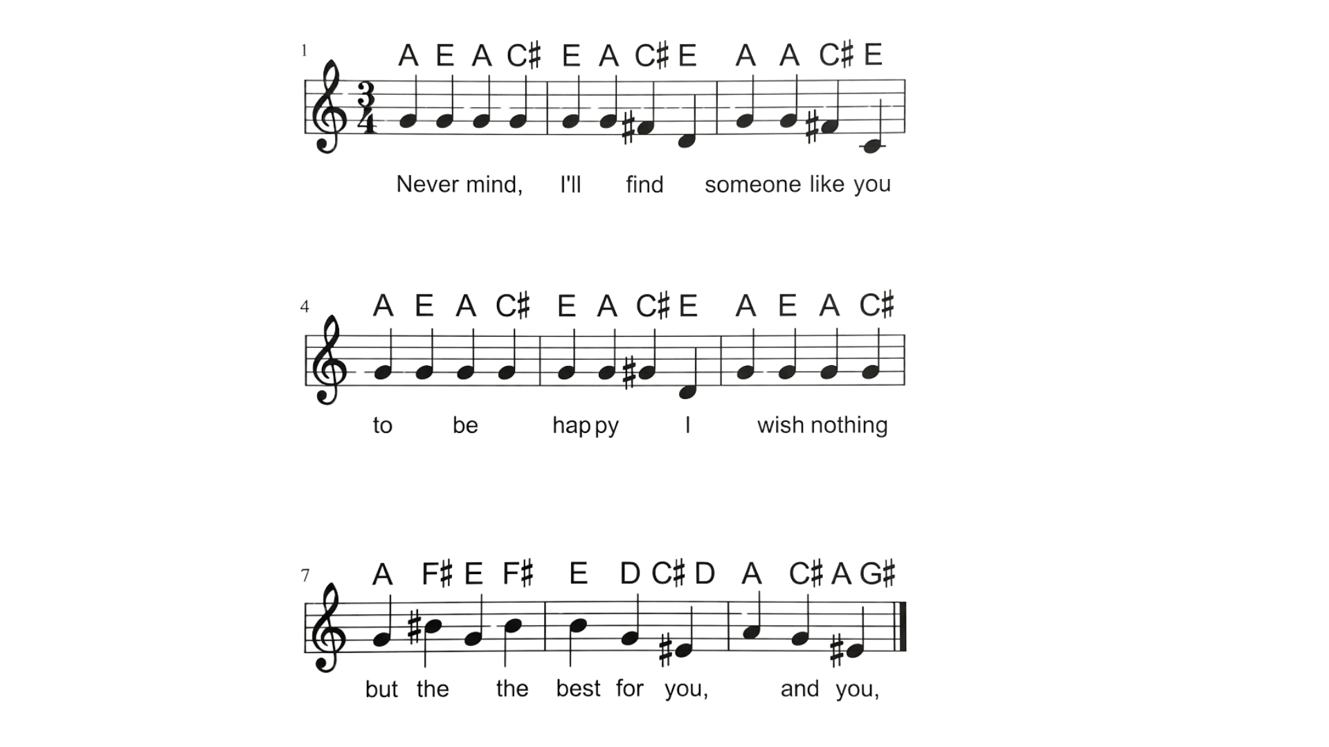 Easy piano sheet displaying beginner melody with note letters above the staff and lyrics below.