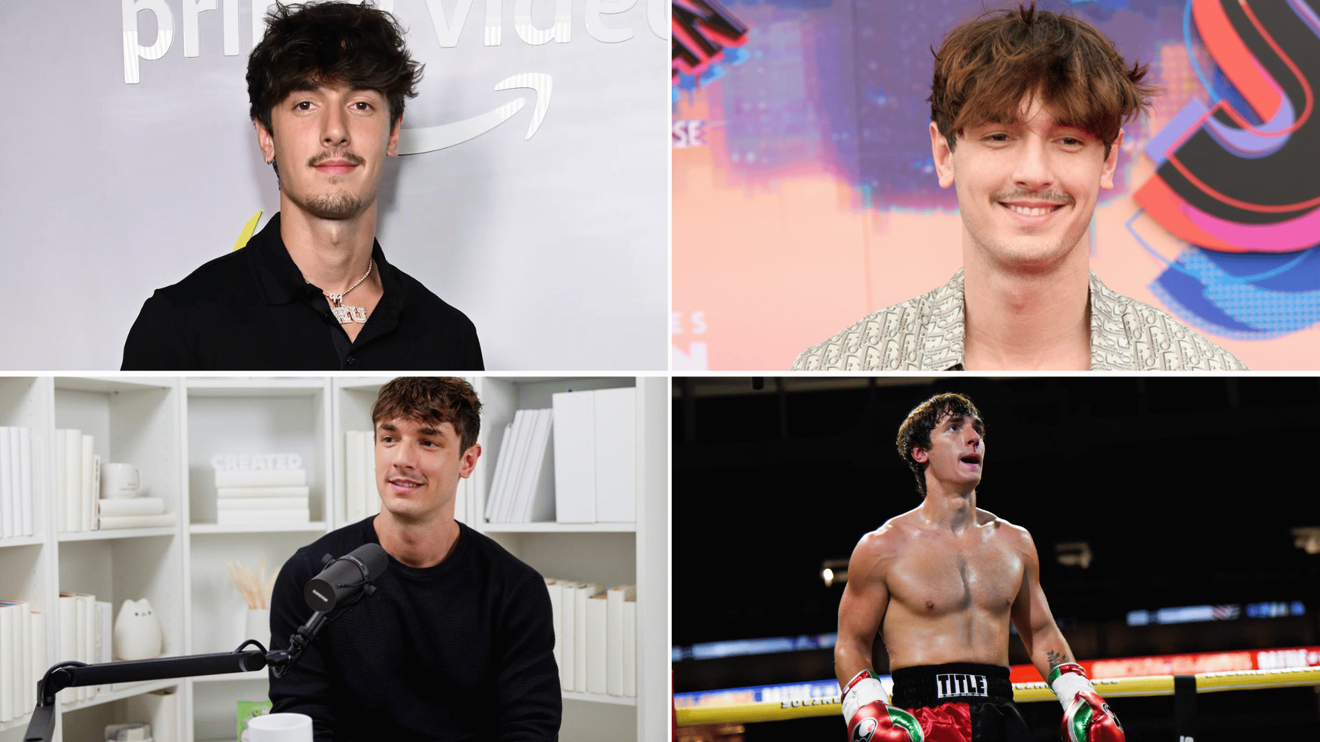 bryce hall collage showing social media appearances, podcast interview, public events, and boxing match moments