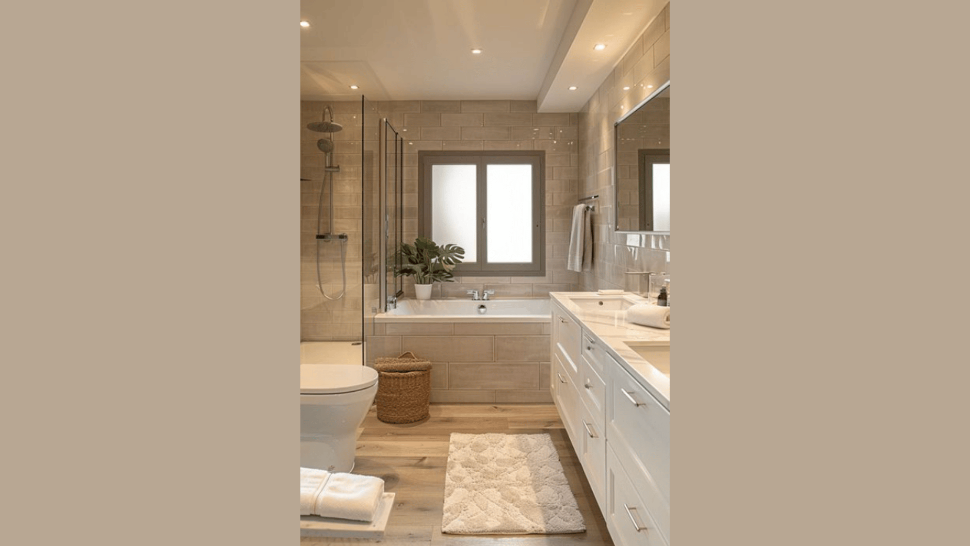 elegant bathroom featuring a soaking tub, glass shower, stone-inspired finishes, and warm neutral tones for relaxation.