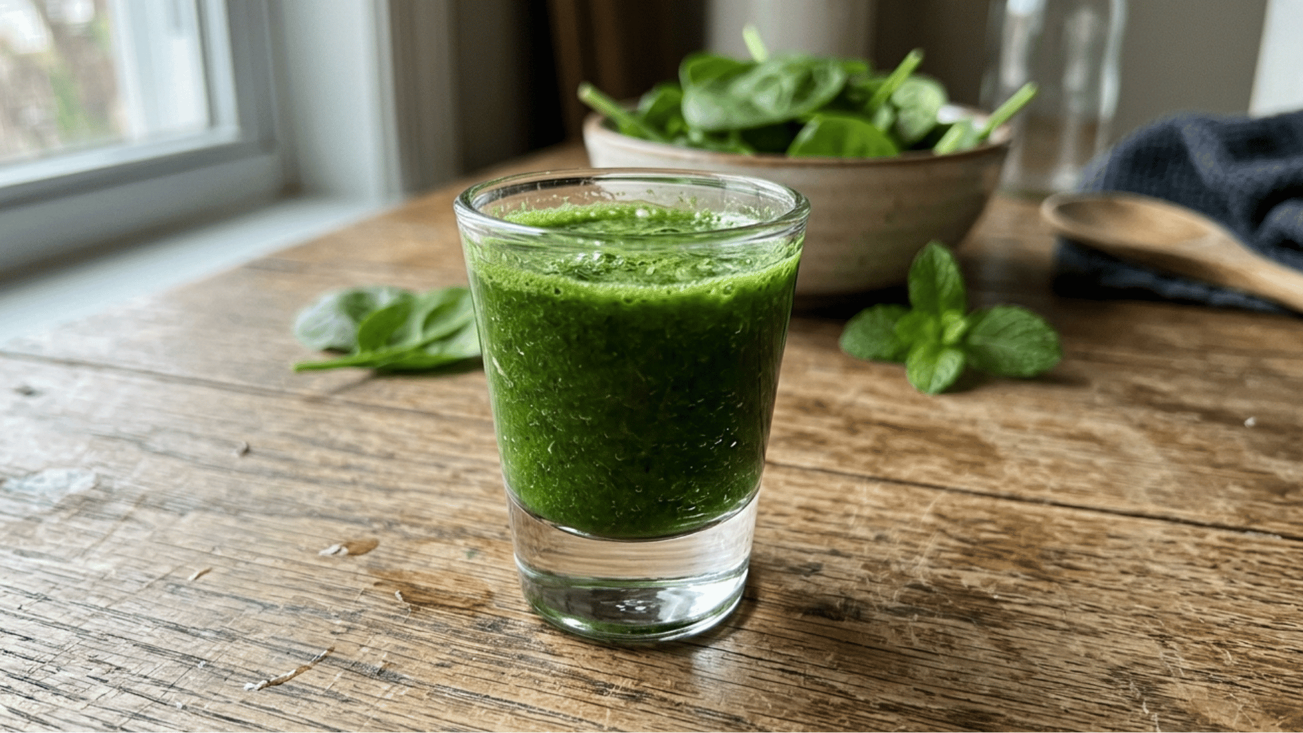 green spinach zinc booster shot in a small glass with fresh spinach leaves in a bowl behind