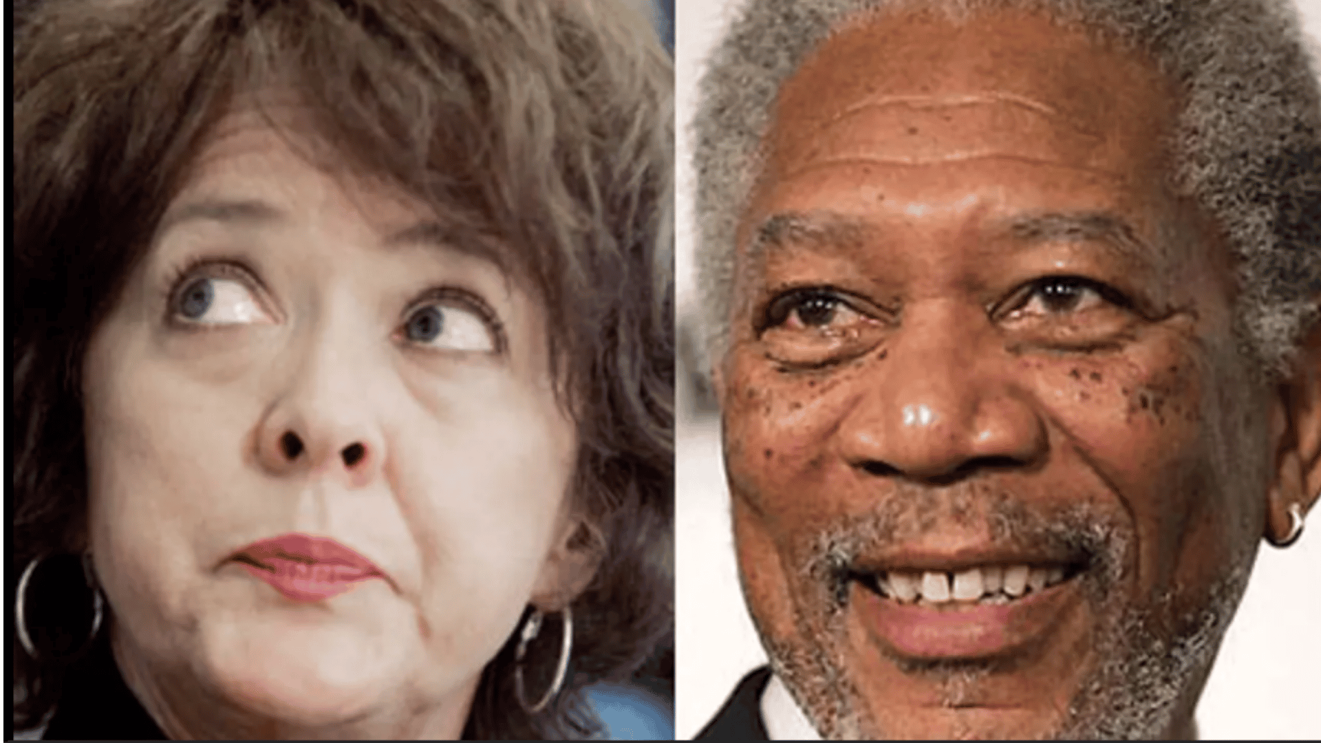 Split image showing Morgan Freeman and a woman in side-by-side portrait photos.