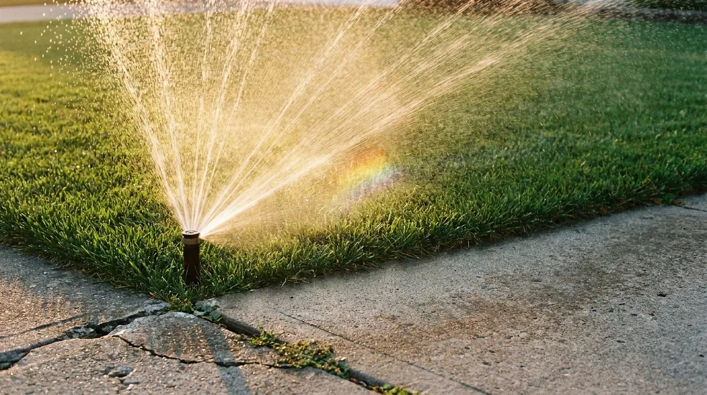 Sprinkler watering green lawn creating a rainbow effect under sunlight