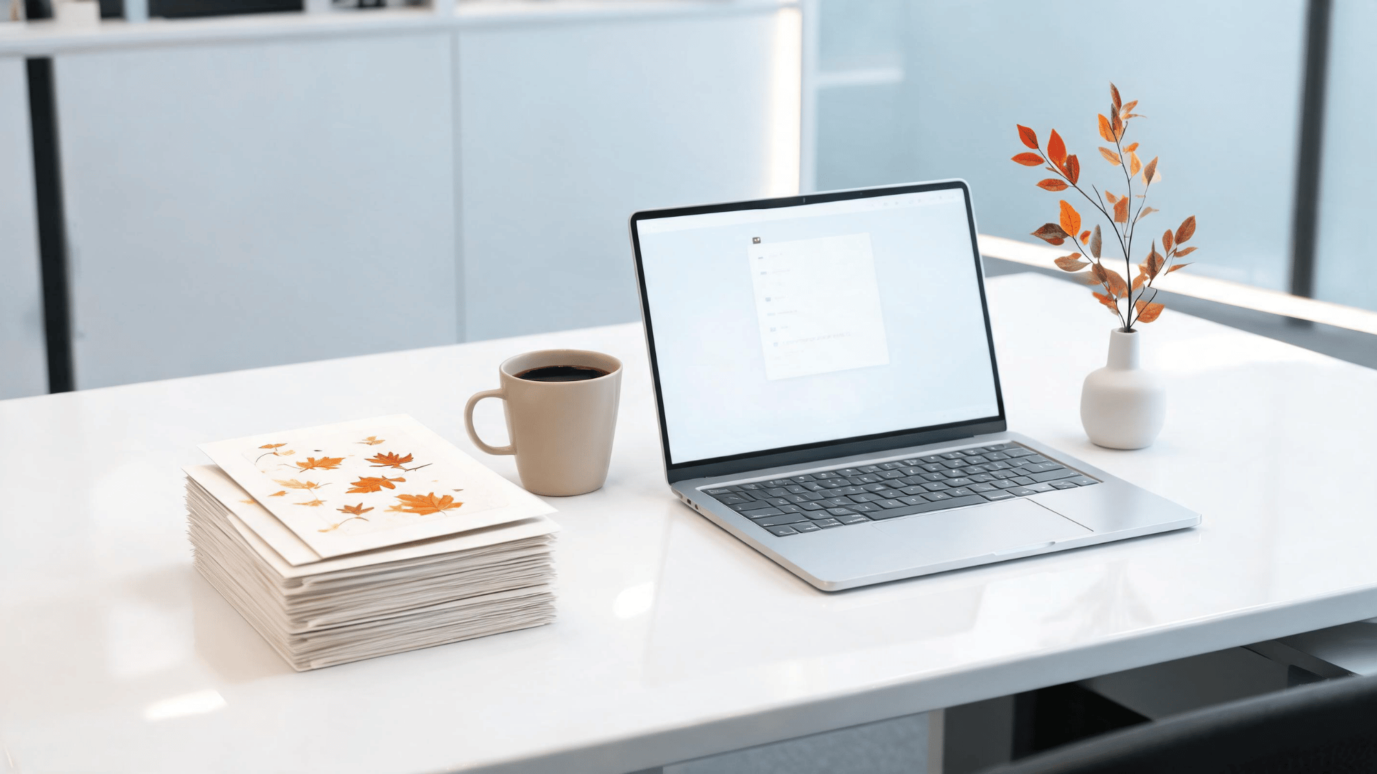 stack of professional thanksgiving greeting cards on a modern office desk with coffee