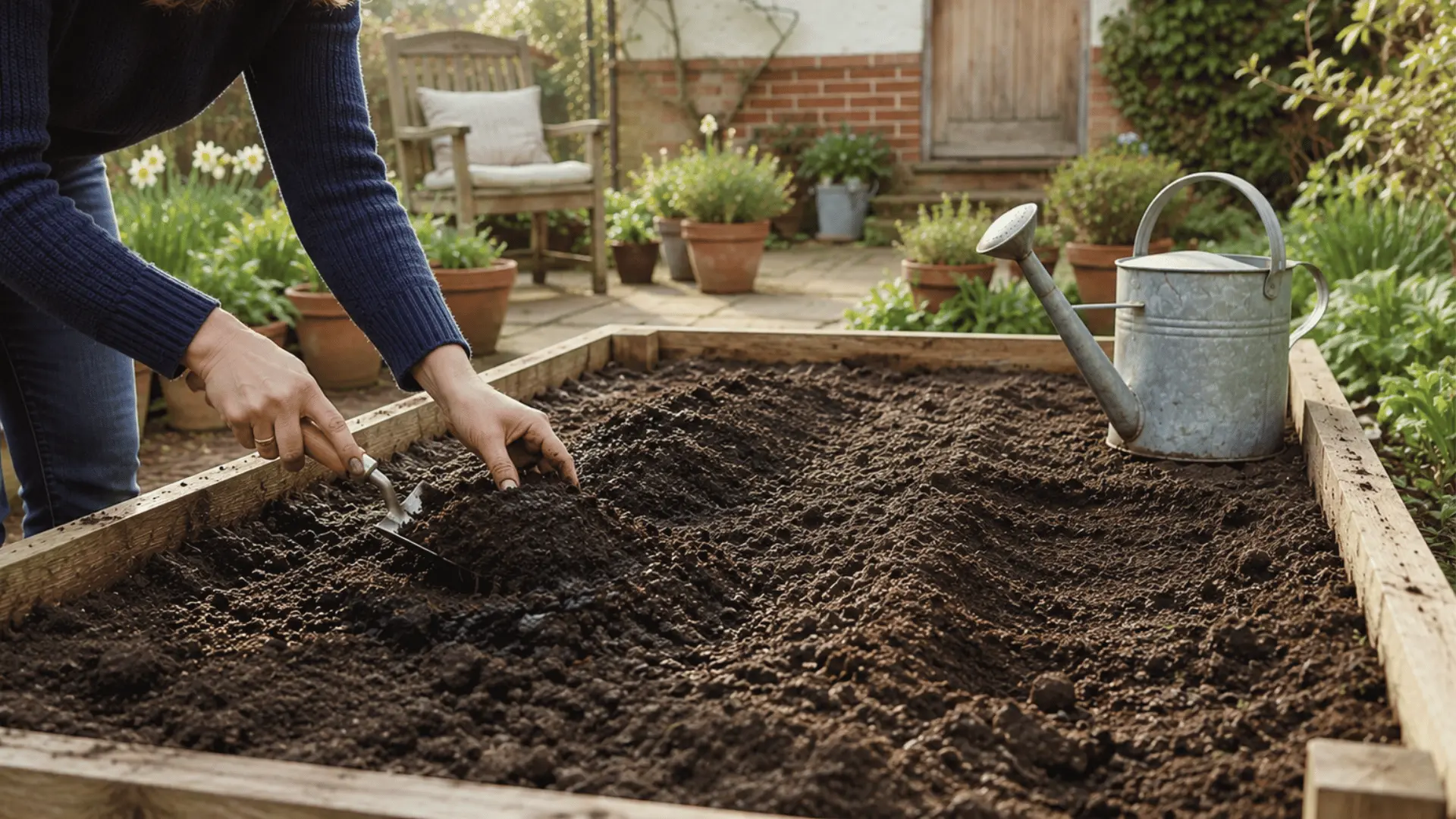 gardener loosening soil and mixing finished compost into a weed free bed for planting spinach