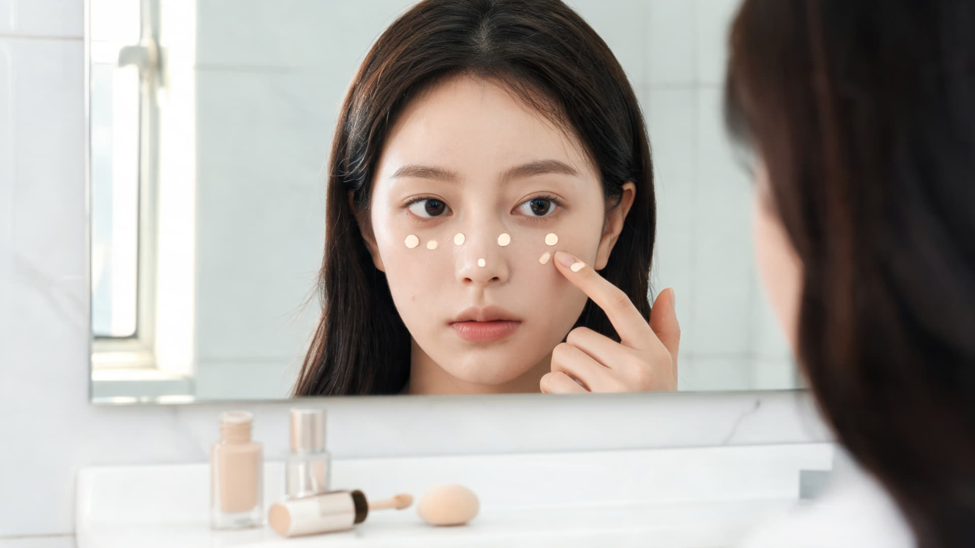 woman tapping concealer under the eyes around the nose and on a small blemish