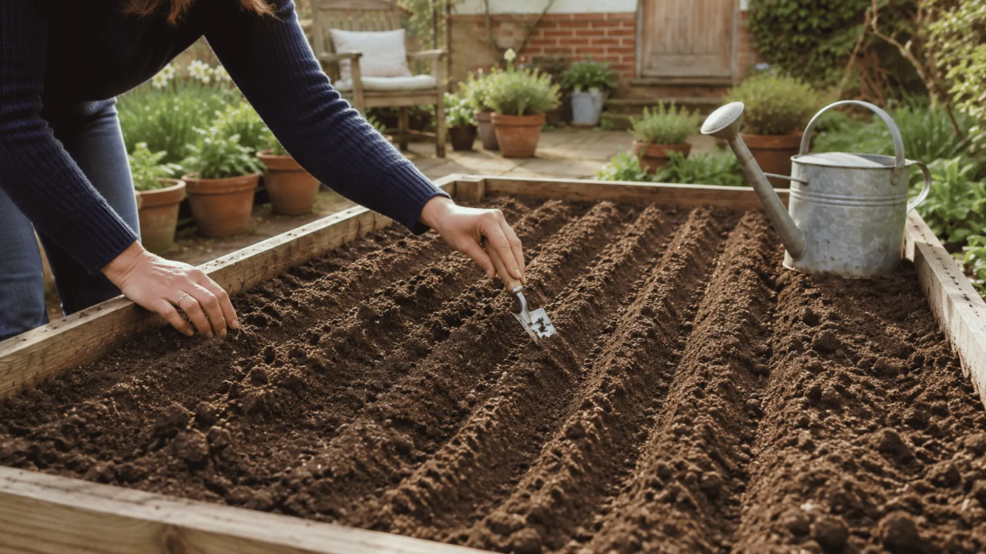 small shallow planting rows made in loose garden soil with a hand trowel ready for evenly spaced spinach seeds
