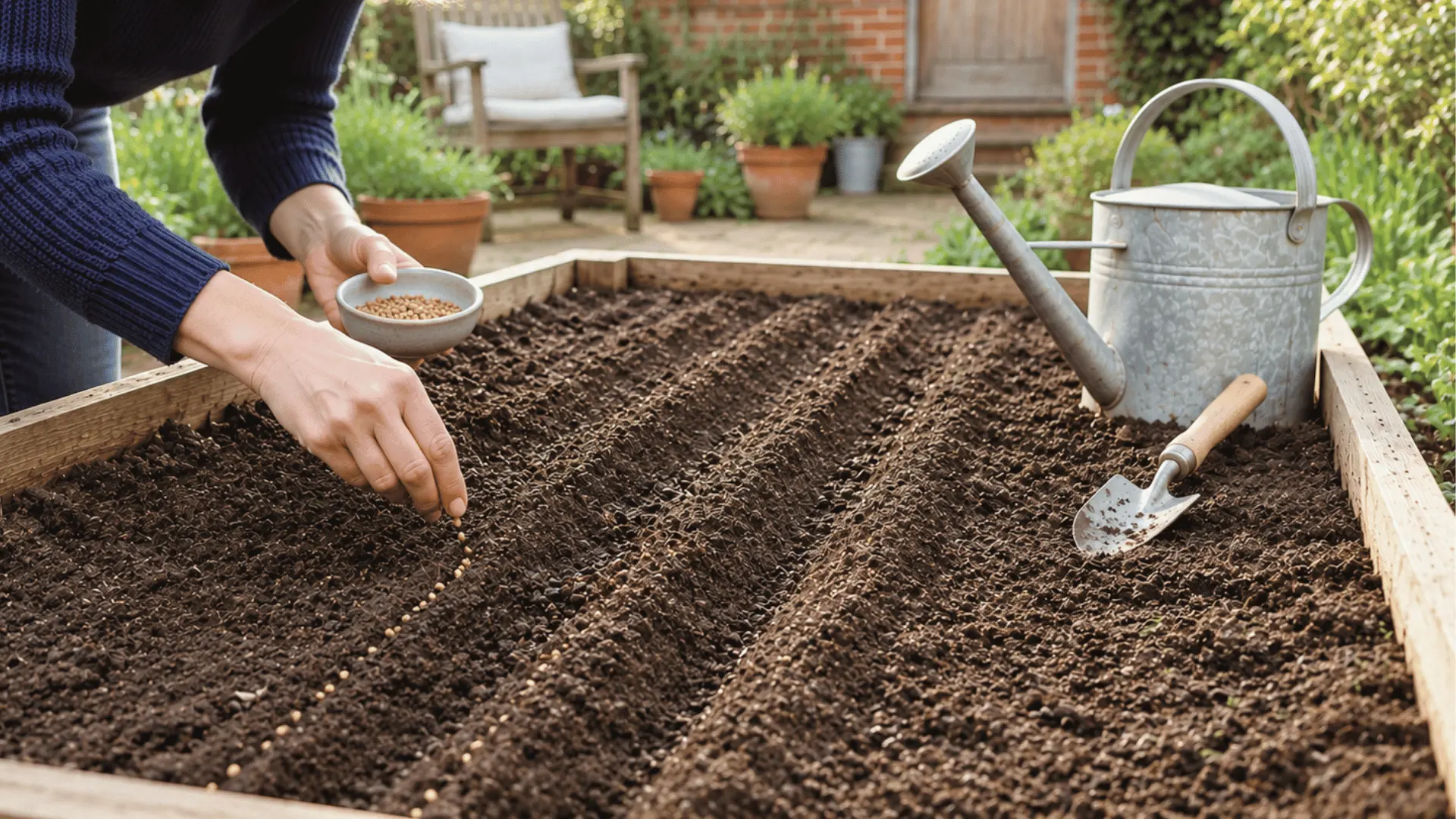 gardener spacing spinach seeds evenly in shallow rows before covering them lightly with fine loose garden soil