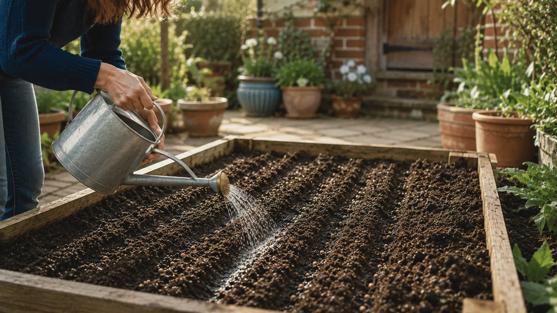 gardener gently watering newly planted spinach seeds with a fine rose watering can in a home raised garden bed