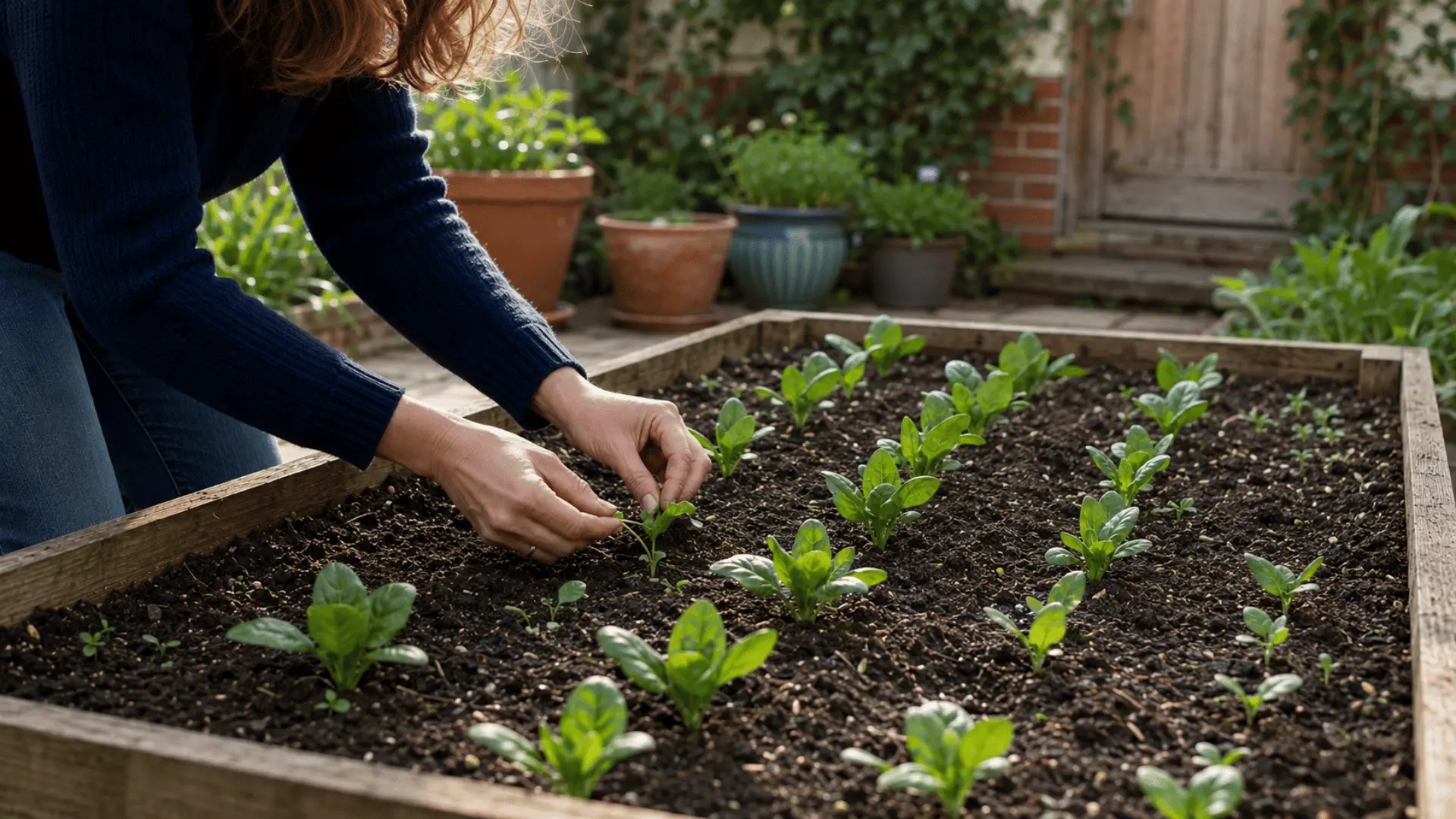 gardener thinning young spinach seedlings to leave enough spacing for stronger roots and healthy leaf growth