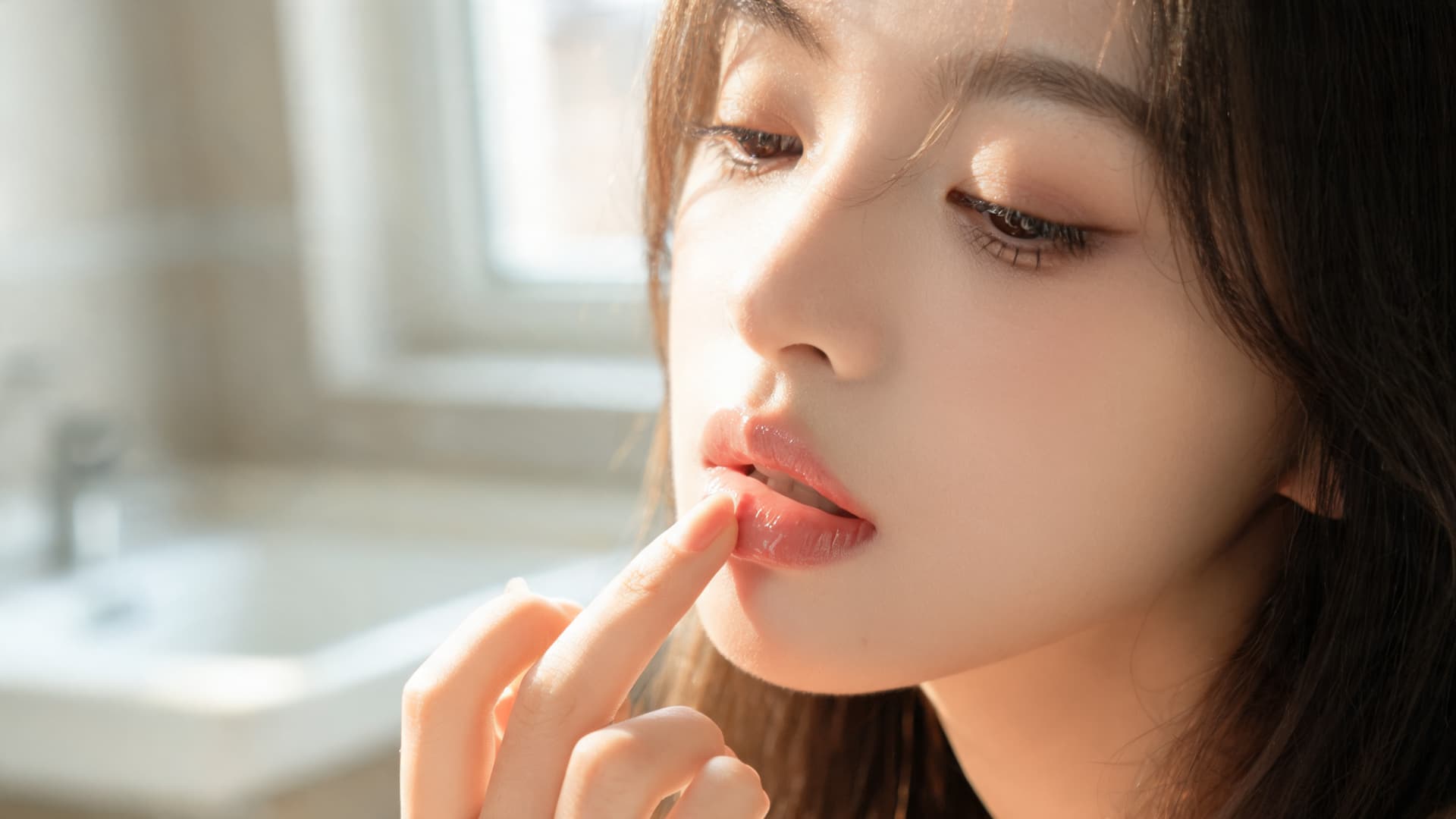 woman applying a sheer tinted lip balm for a soft hydrated natural lip look