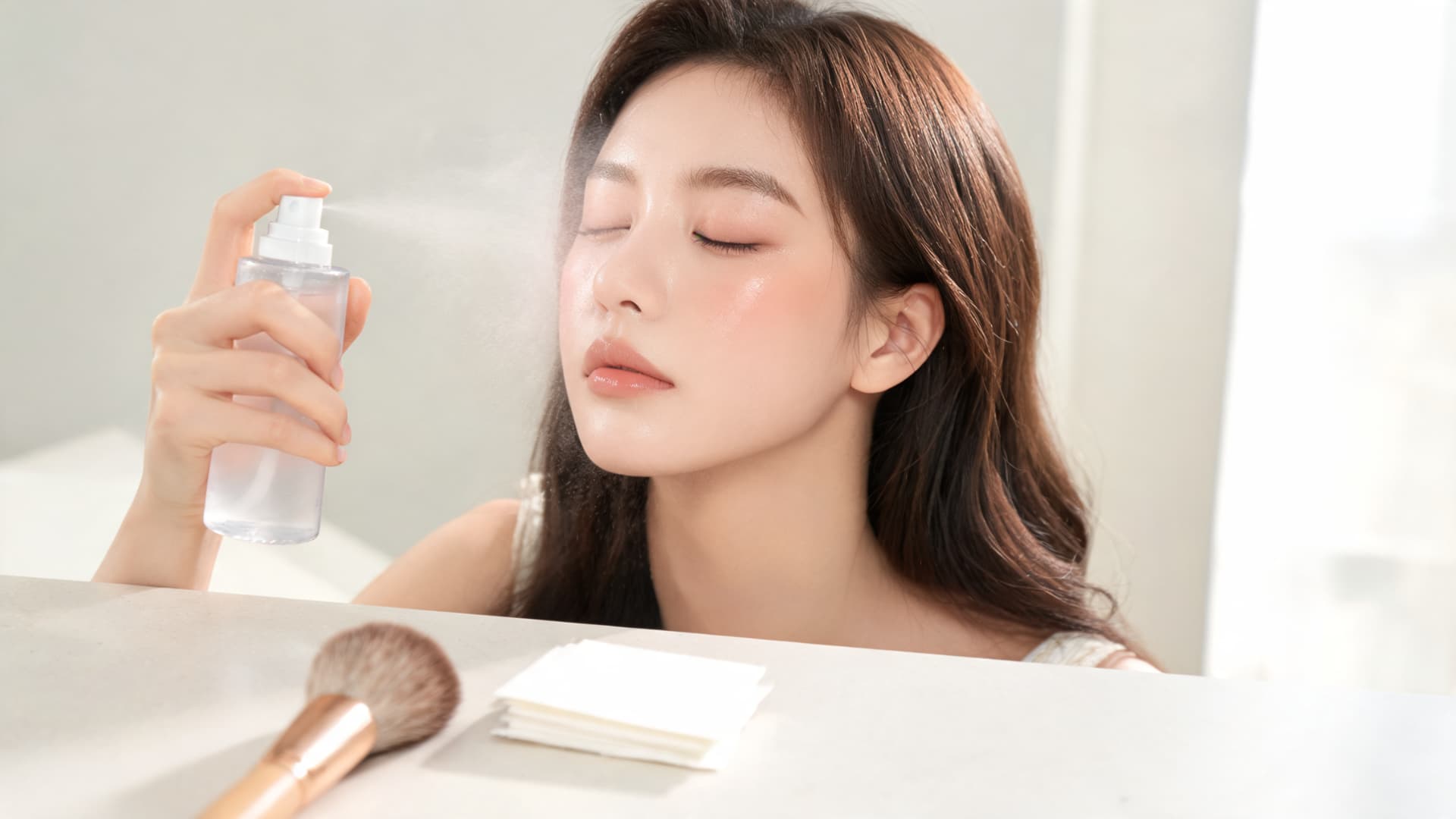 woman using a light setting spray to keep natural makeup fresh and skin like