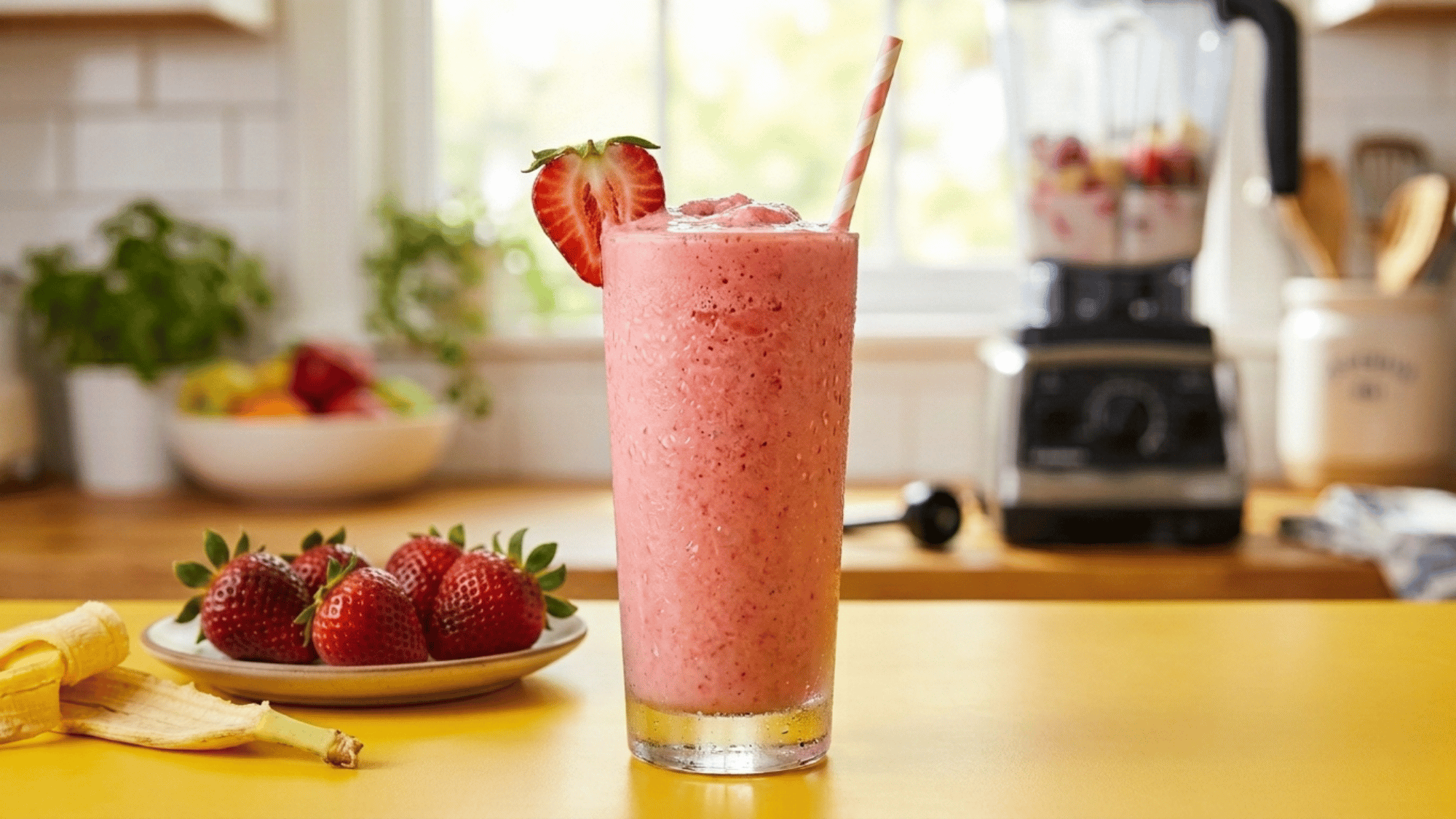 fresh strawberry banana smoothie in a tall glass