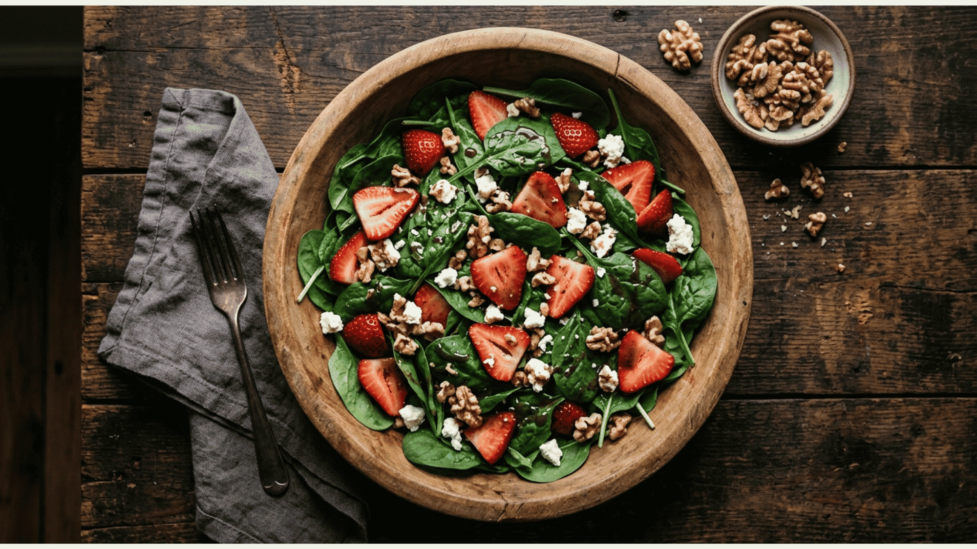 fresh strawberry spinach salad with feta and walnuts