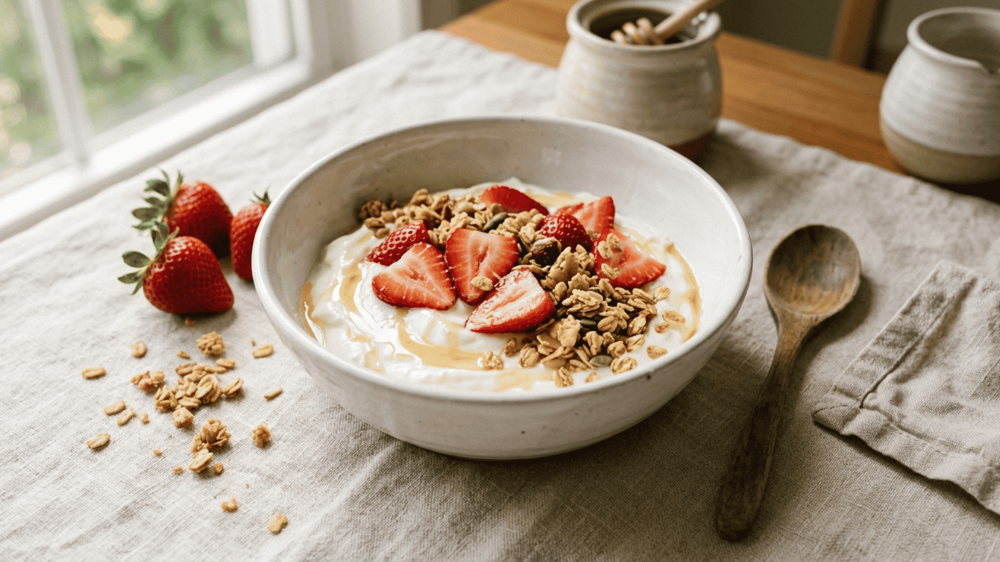 strawberry yogurt bowl topped with granola and fresh strawberries