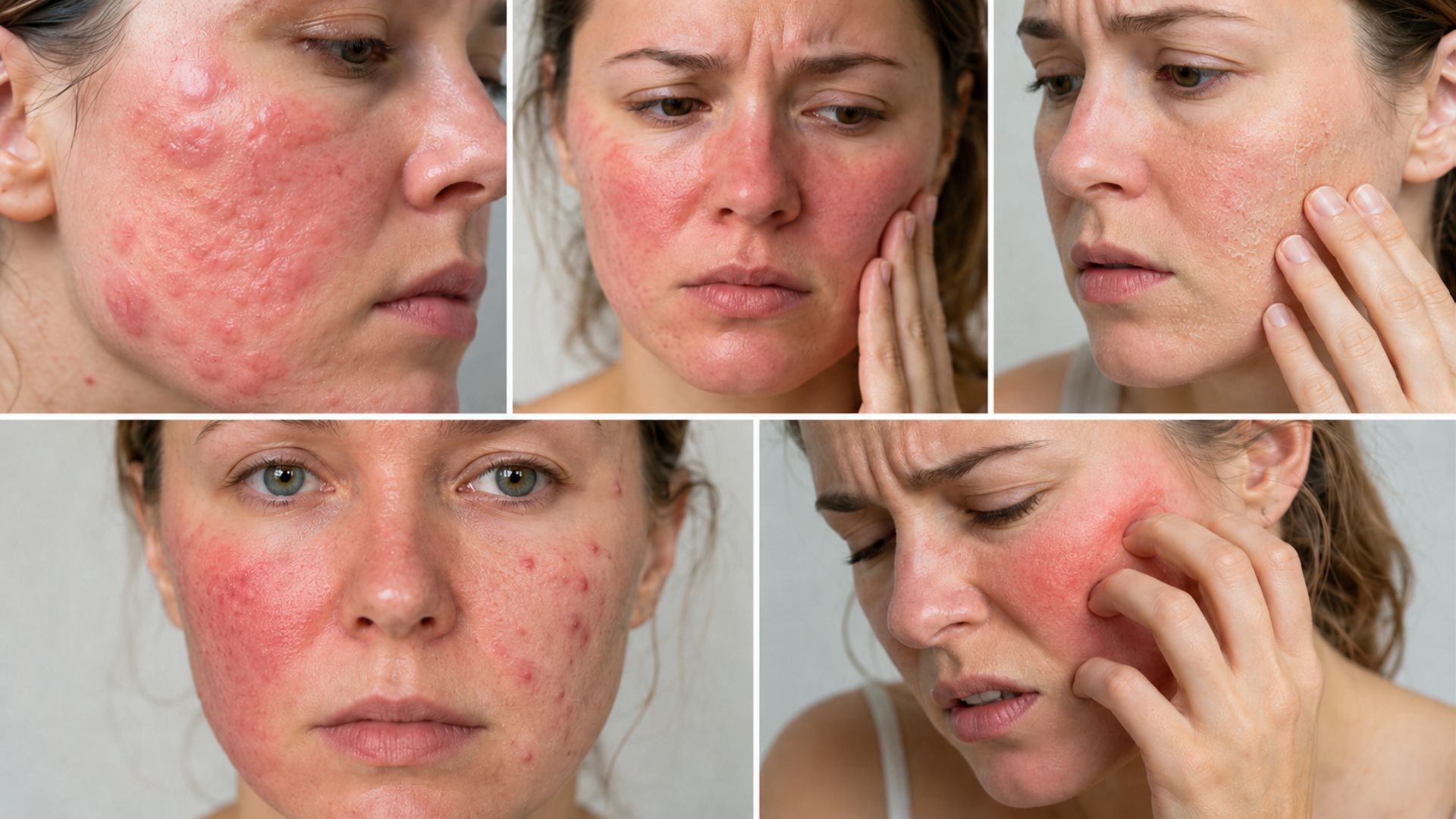 collage showing hives inflammation dry skin flare ups and scratching caused by stress on facial skin