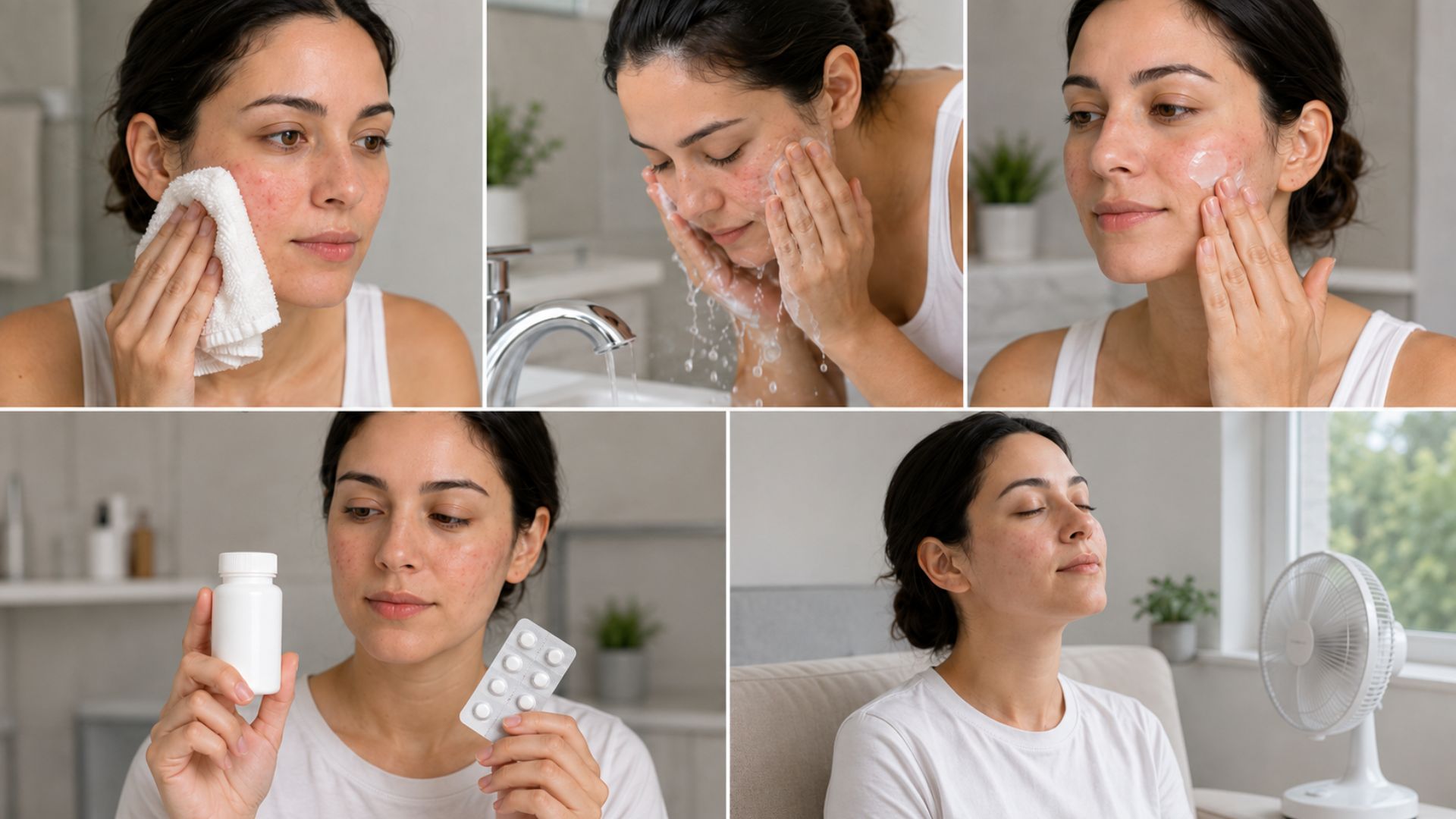 collage showing cool compress cleansing moisturizer antihistamine cooling and simple skincare for facial rash
