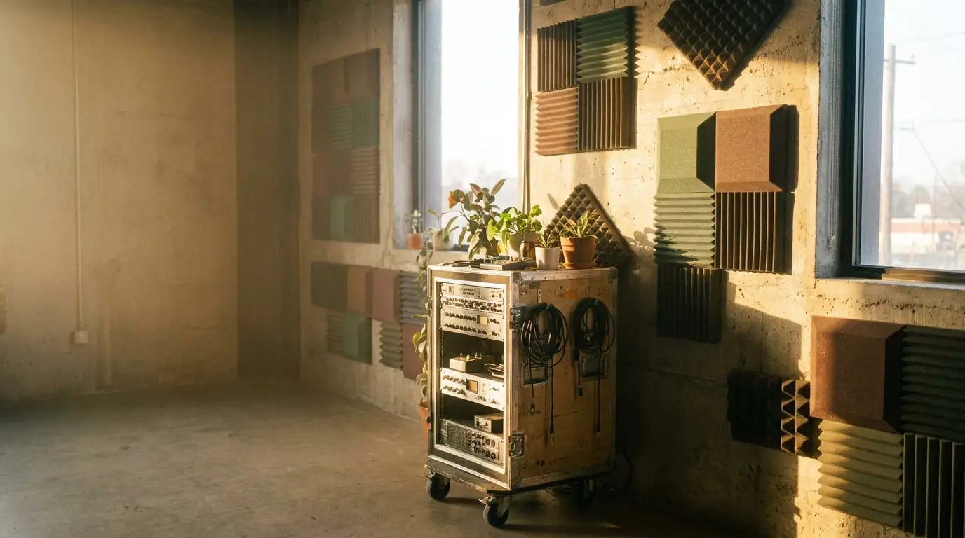 Recording equipment rack with potted plants in sunlit acoustic studio room