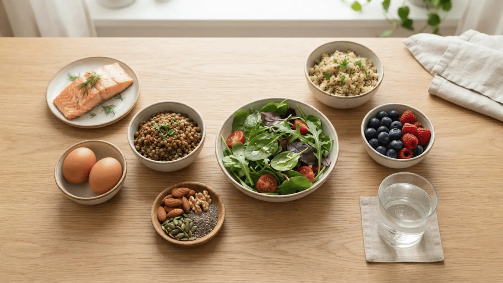 salmon eggs lentils grains salad berries nuts seeds and water arranged across a light wooden table