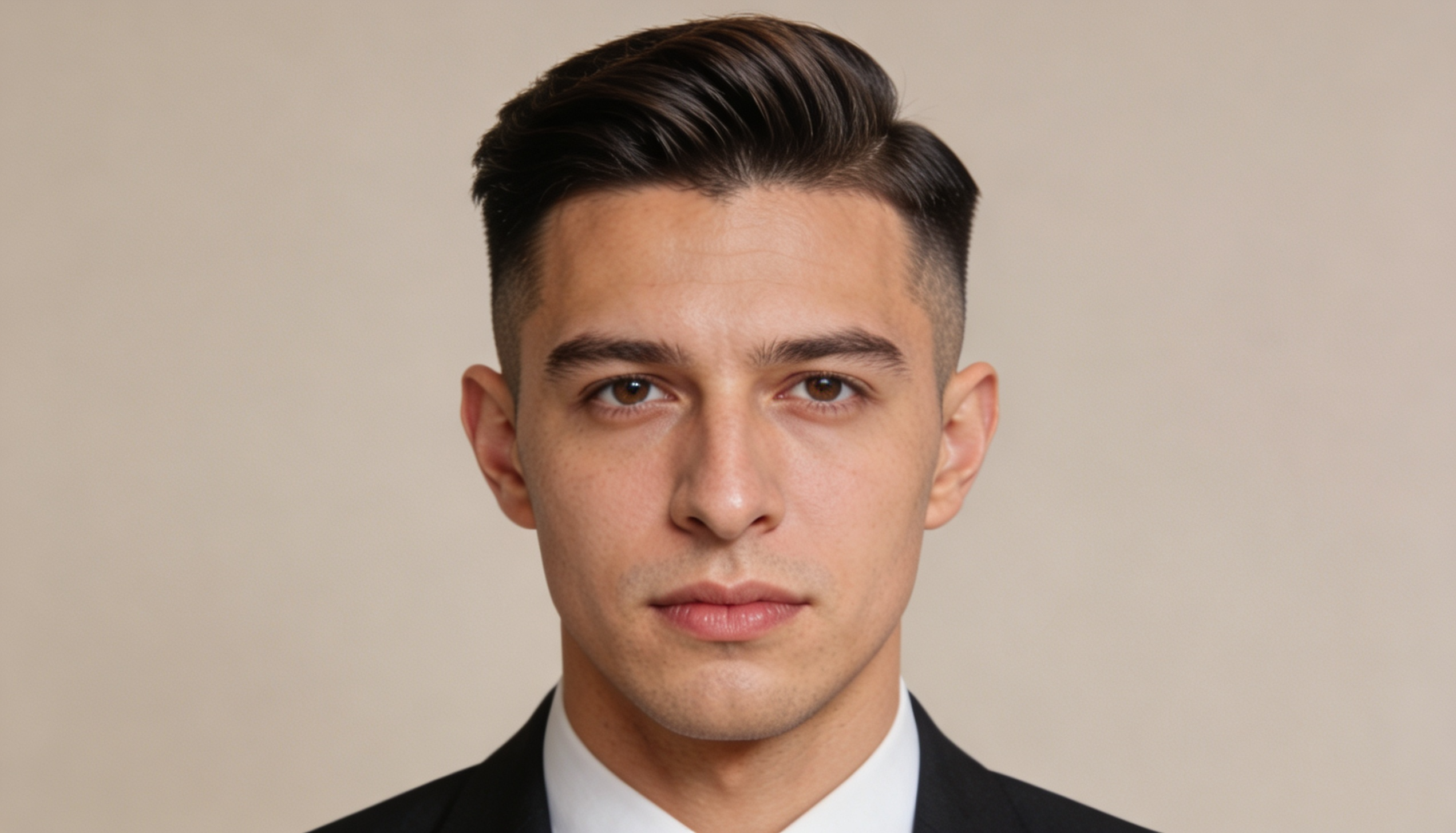 tapered side-swept quiff hairstyle, controlled volume to the side in a clean, balanced passport-style portrait.