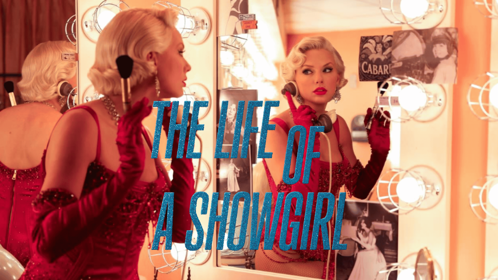 Woman in a red showgirl outfit posing at a lit mirror with title text.