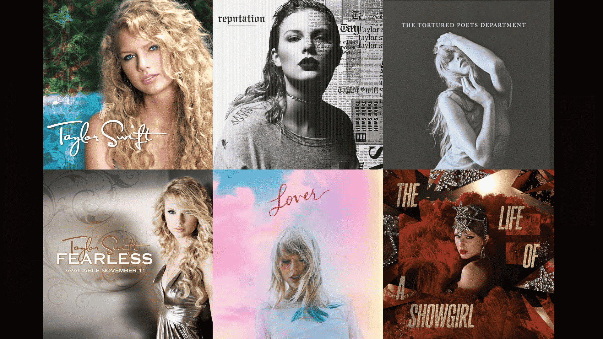 Collage of Taylor Swift album covers arranged in two rows.