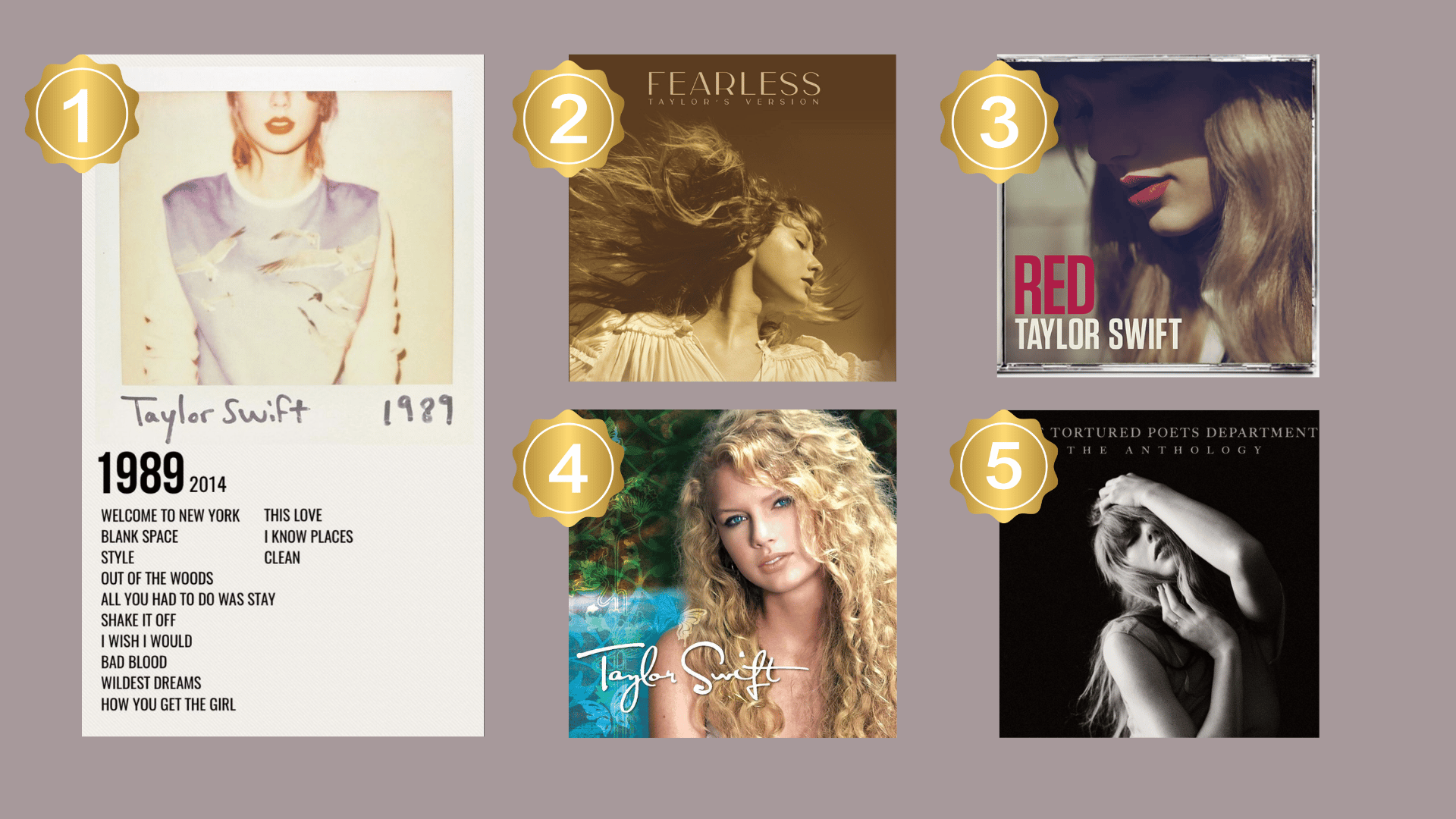 Ranked collage of five bestselling pop albums with numbered gold badges.