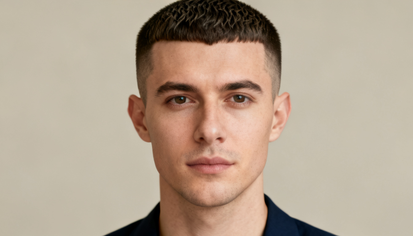 textured crew cut, short faded sides and lightly textured top in a clean, balanced passport-style portrait.
