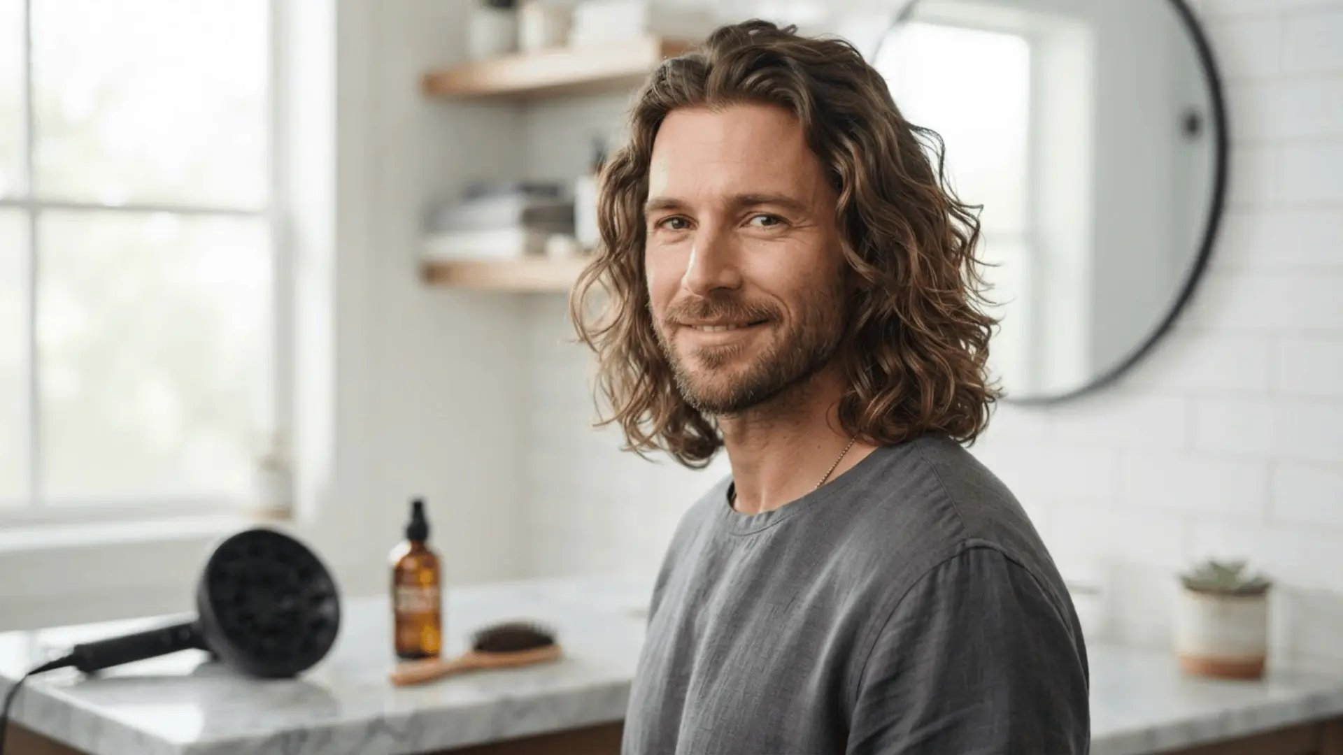 smiling man with shoulder length curly hair stands in a bright bathroom beside grooming tools on a counter