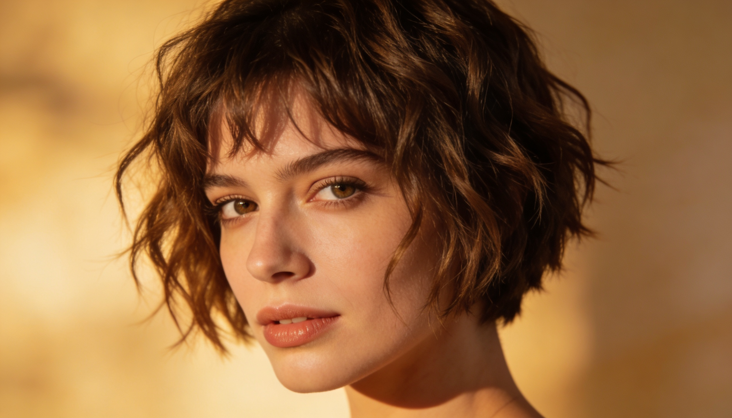 a short textured pixie haircut featuring soft choppy layers and natural movement framing a heart-shaped face.