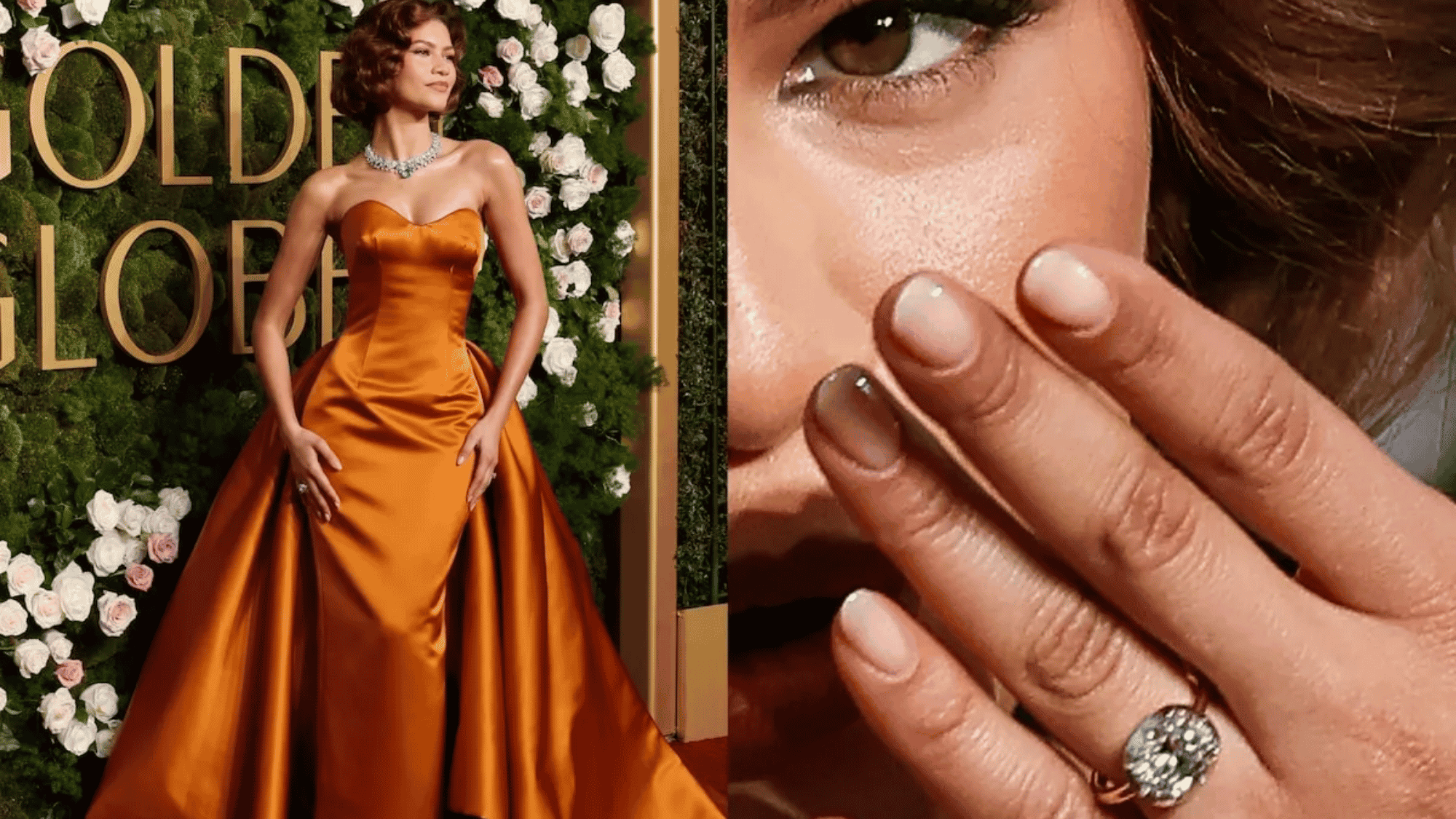 Close-up of Zendaya's hand featuring an elongated cushion-cut diamond engagement ring set horizontally in an east-west style on a two-tone band.