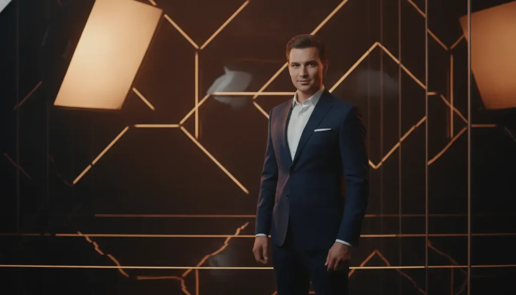 Man in dark suit standing in modern studio with geometric lighting design