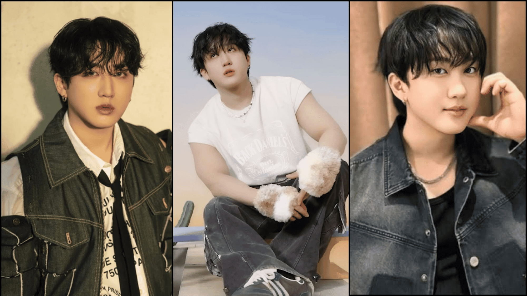 Changbin of Stray Kids in a three-photo collage wearing casual and denim outfits.