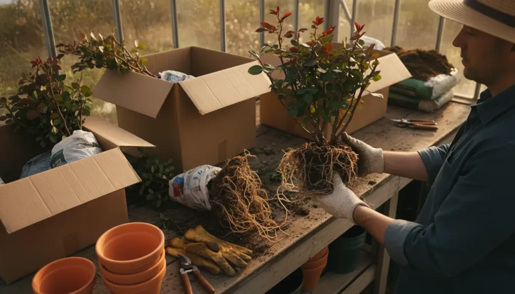 Gardener potting plants in greenhouse with cardboard boxes and orange clay pots
