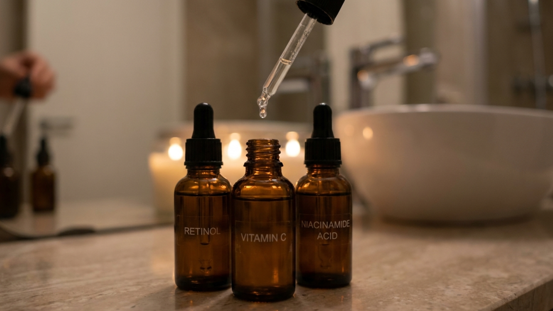 three serum dropper bottles on a bathroom counter with one dropper holding a drop