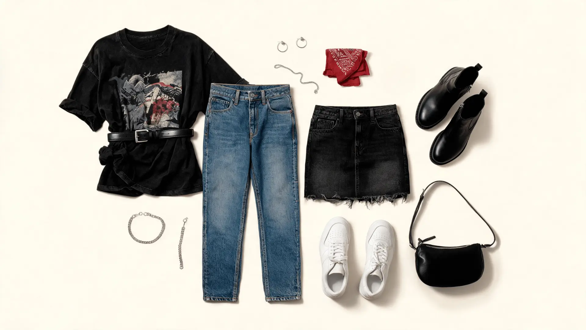 thrifted band tee straight jeans denim skirt sneakers ankle boots and leather belt in a flat lay outfit board