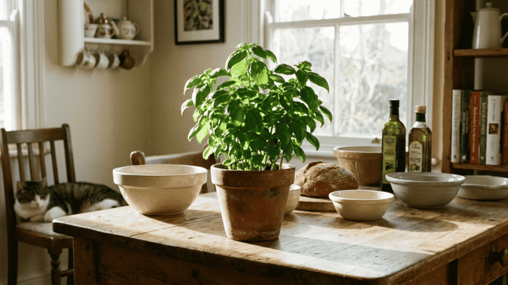 thriving potted basil plant with bright green leaves in kitchen