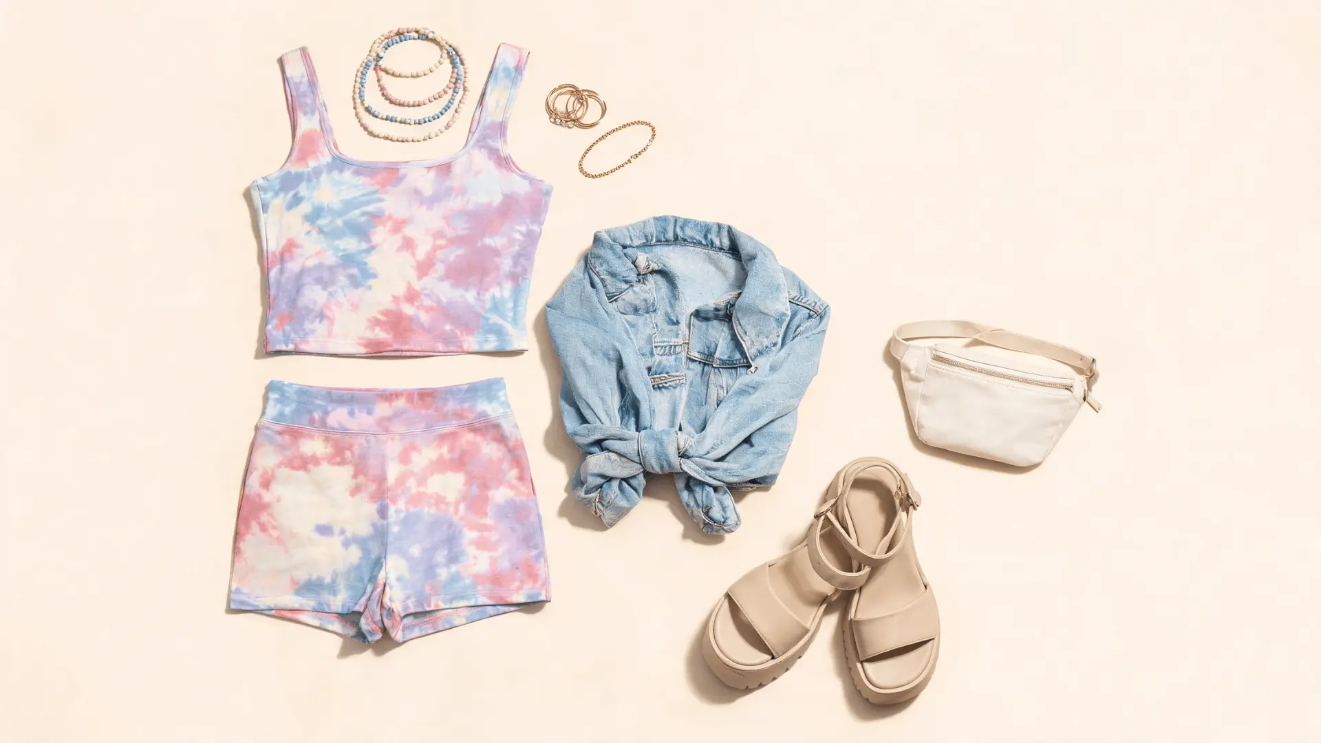 tie dye crop top and skirt set platform sandals denim jacket beaded necklaces and rings in a flat lay outfit board