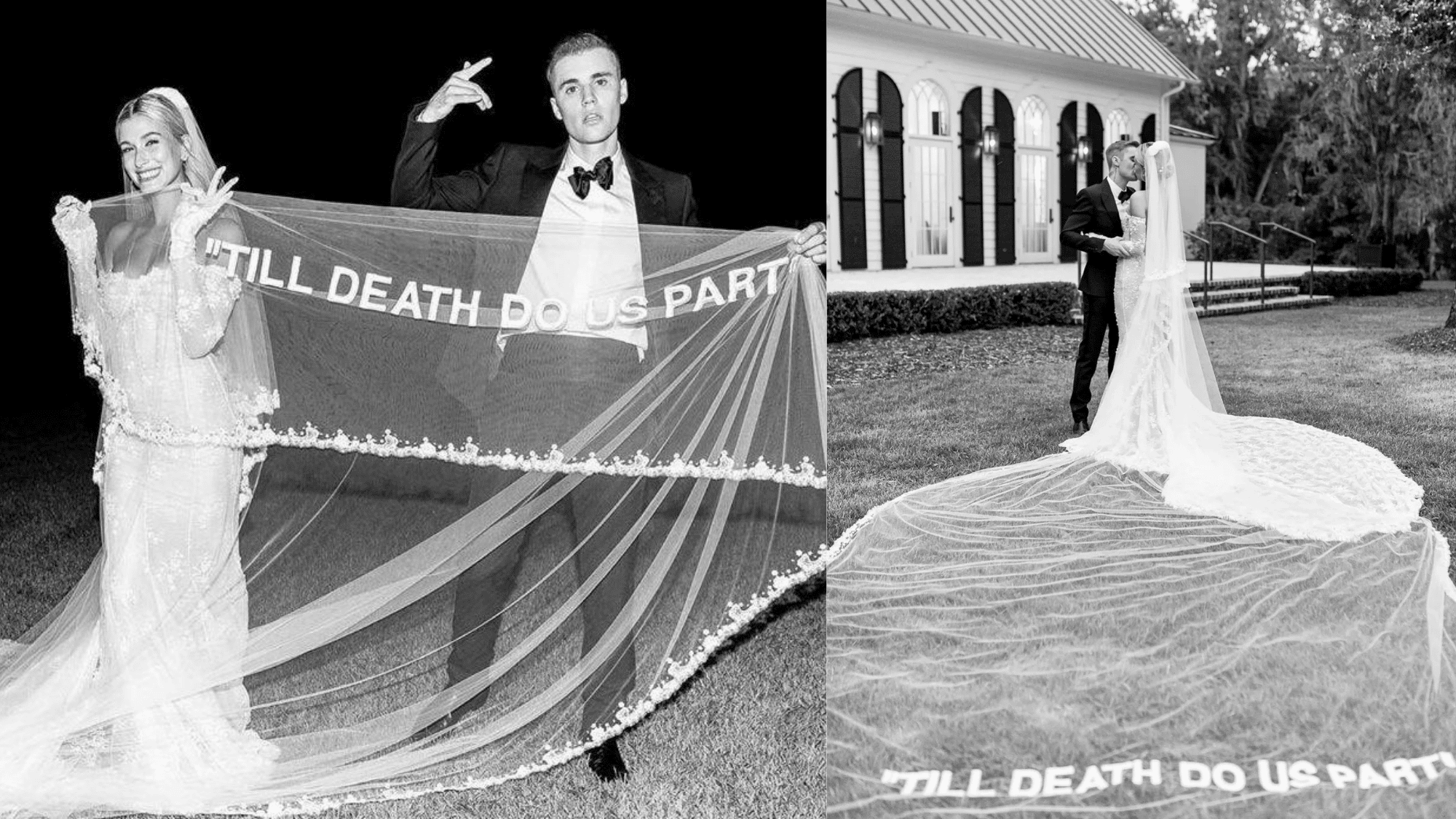 long wedding veil with embroidered phrase shown in black-and-white ceremony photos