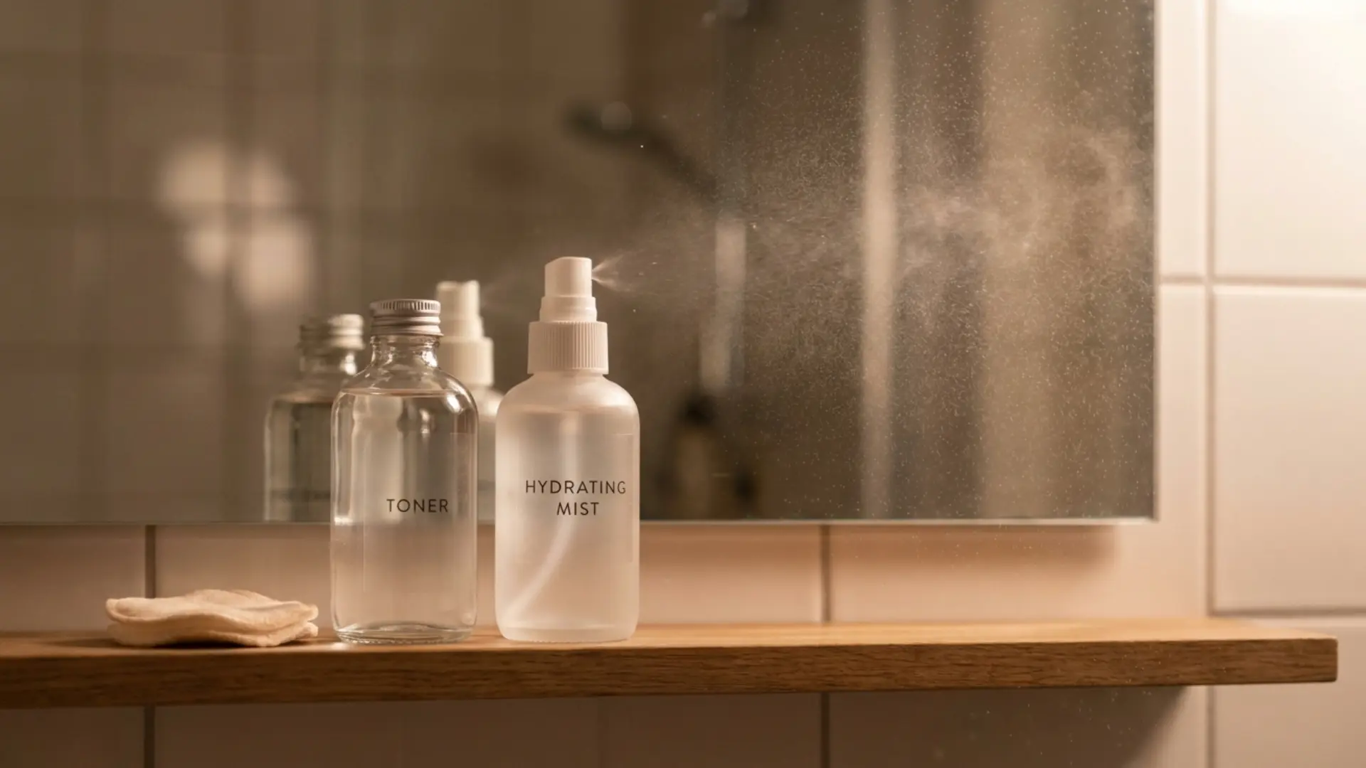 toner bottle and a hydrating mist beside a cotton pad on a bathroom shelf