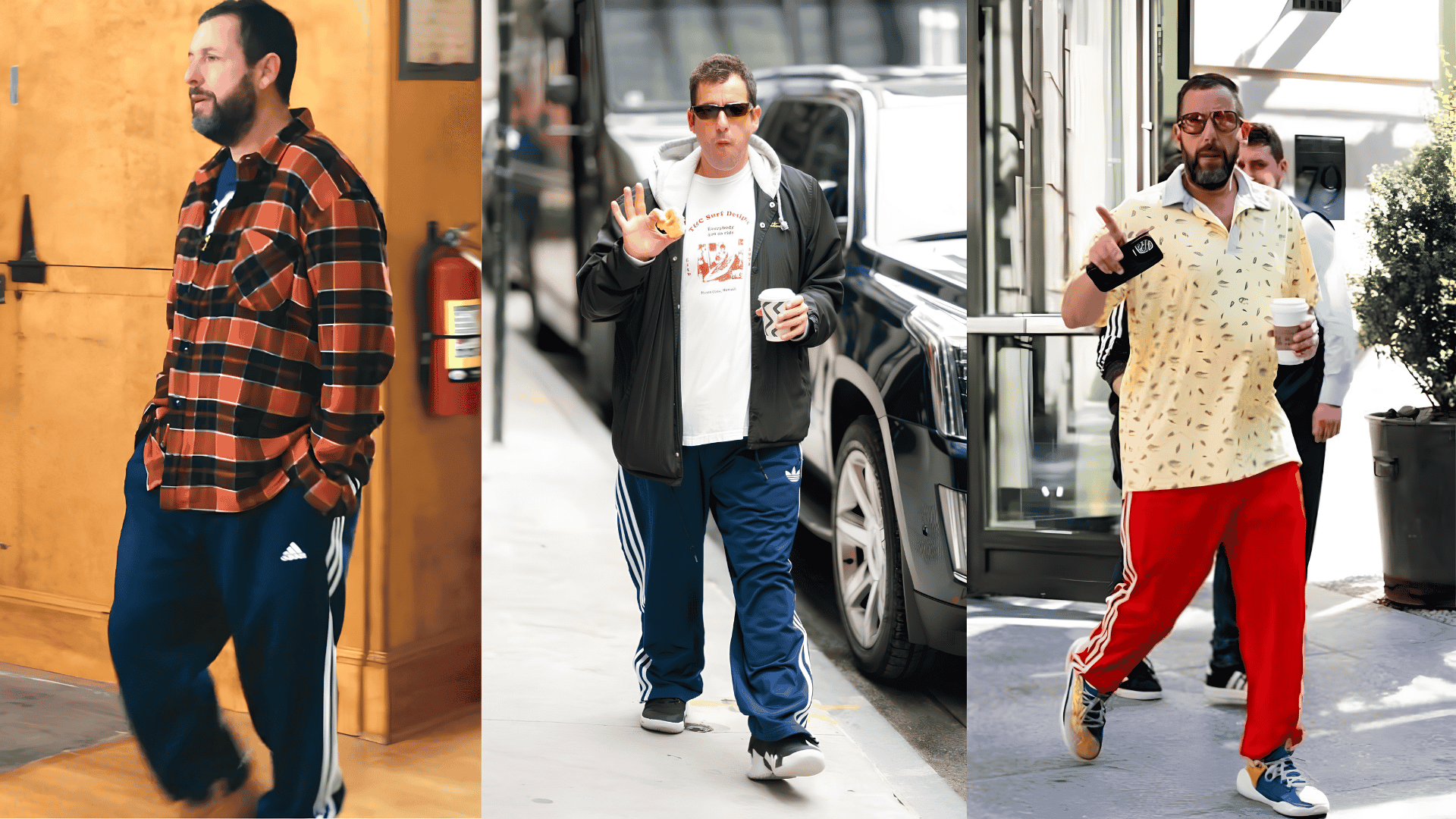 Three outfits featuring Adidas track pants with flannel, windbreaker, and printed shirt