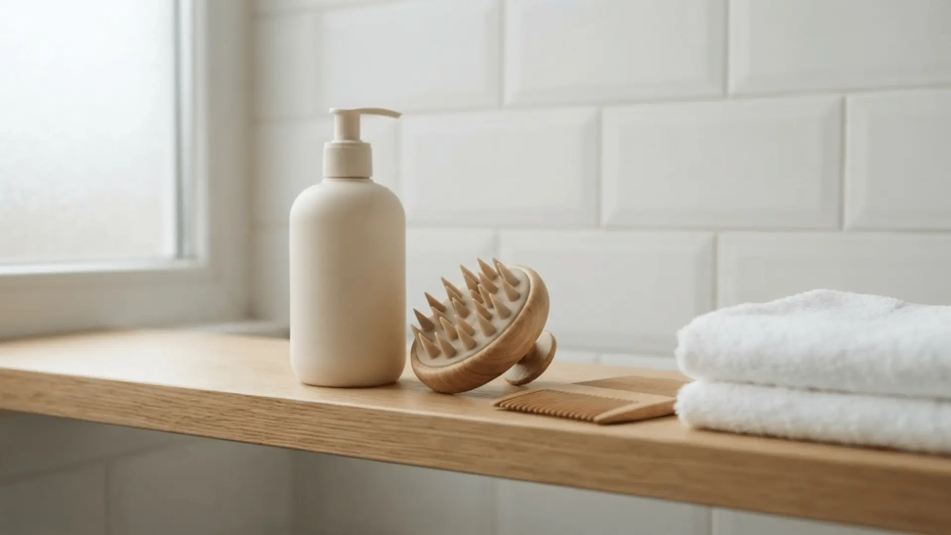 cream pump bottle wooden scalp massager comb and folded white towels arranged on a bathroom shelf by a window