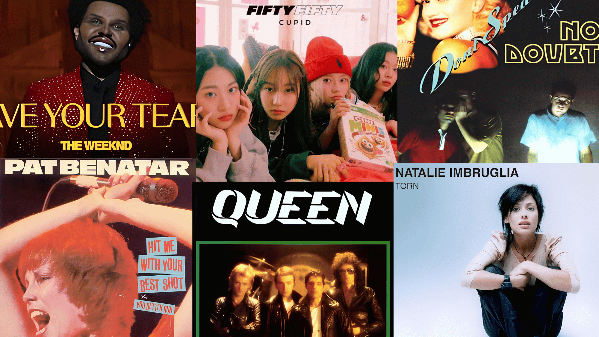 Collage of trending karaoke songs by Queen, The Weeknd, Fifty Fifty, and Natalie Imbruglia.