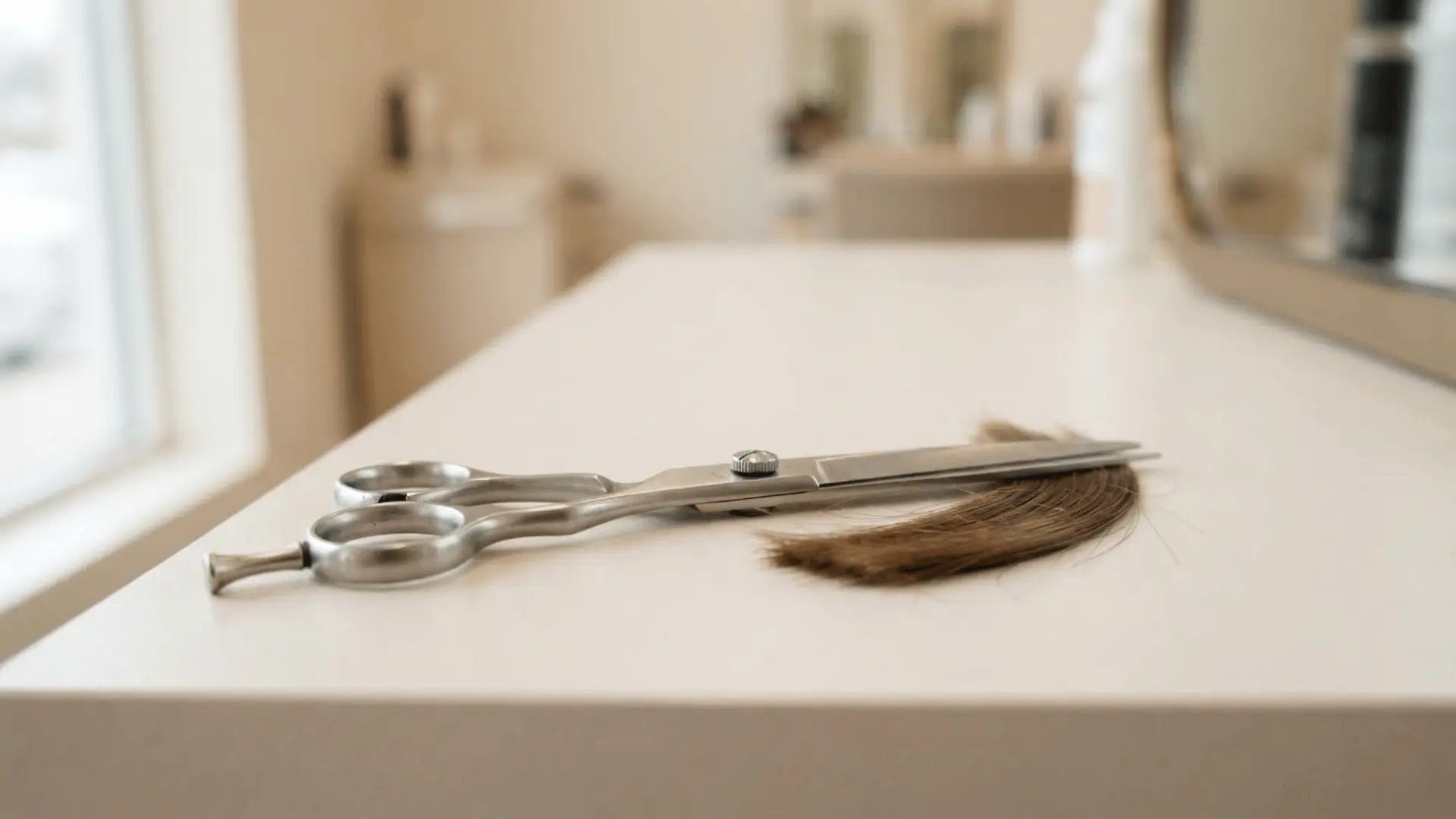 silver hair cutting scissors resting beside a lock of brown hair on a clean white salon counter