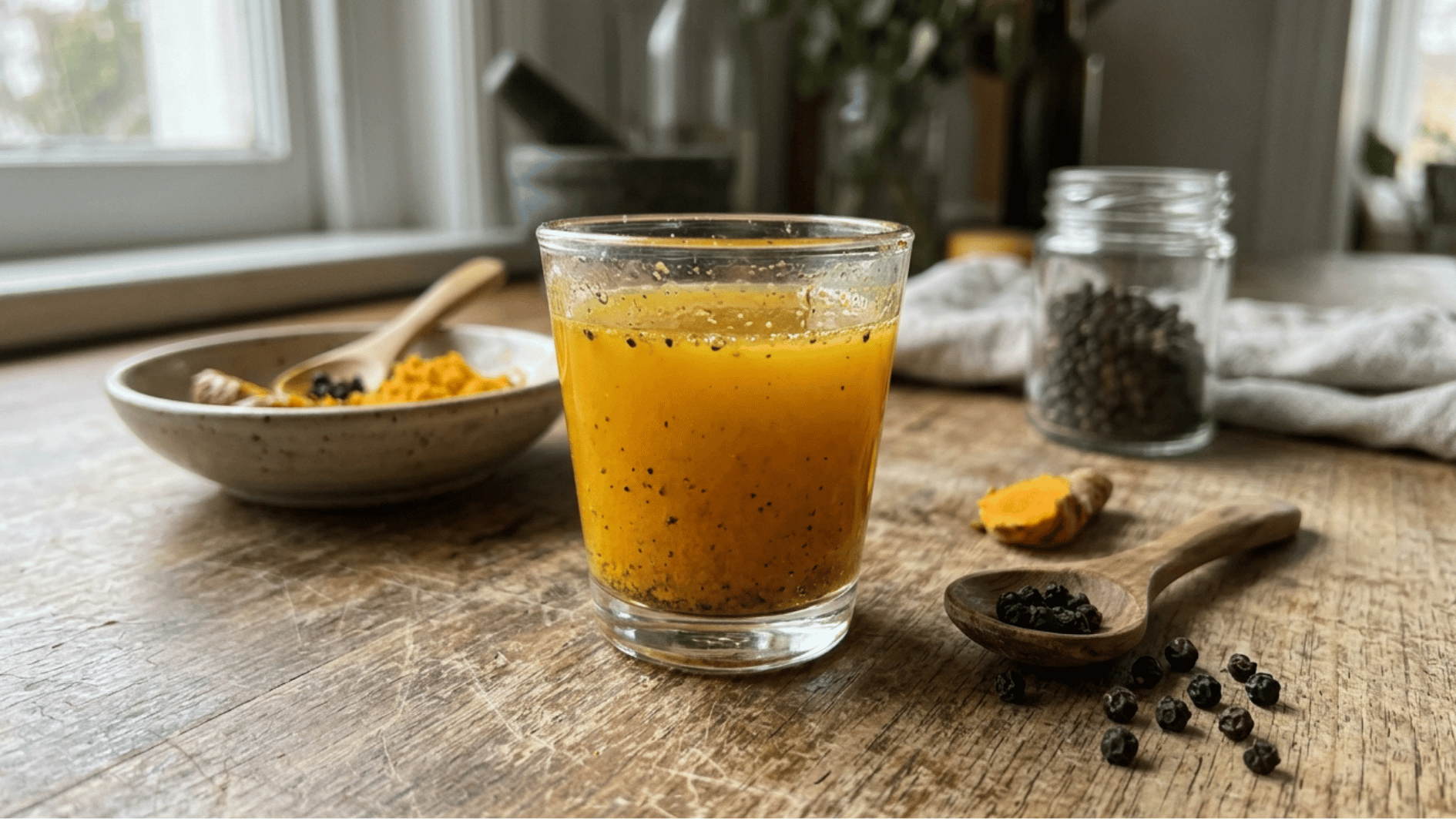 bright yellow turmeric and black pepper shot in a glass with turmeric root and black pepper on wooden counter
