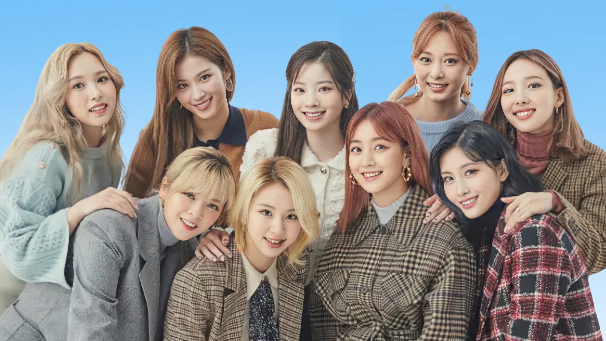 TWICE members posing together during an official group promotional photoshoot against a light background.