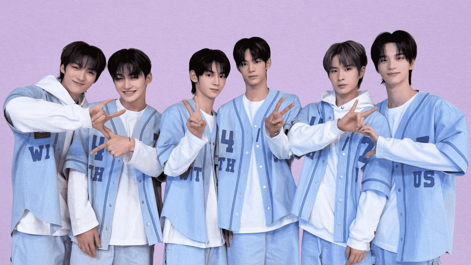 TWS members posing together in coordinated white outfits against a peach background during an official promotional photoshoot.